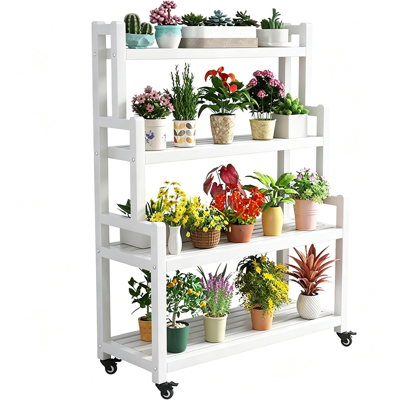 DMCHENGMA Balcony 4-Tier Plant Shelf with Wheels, Space-Saving White Metal Flower Pot Rack, Iron Flower Stand for Patio Plants(100x40x145cm)