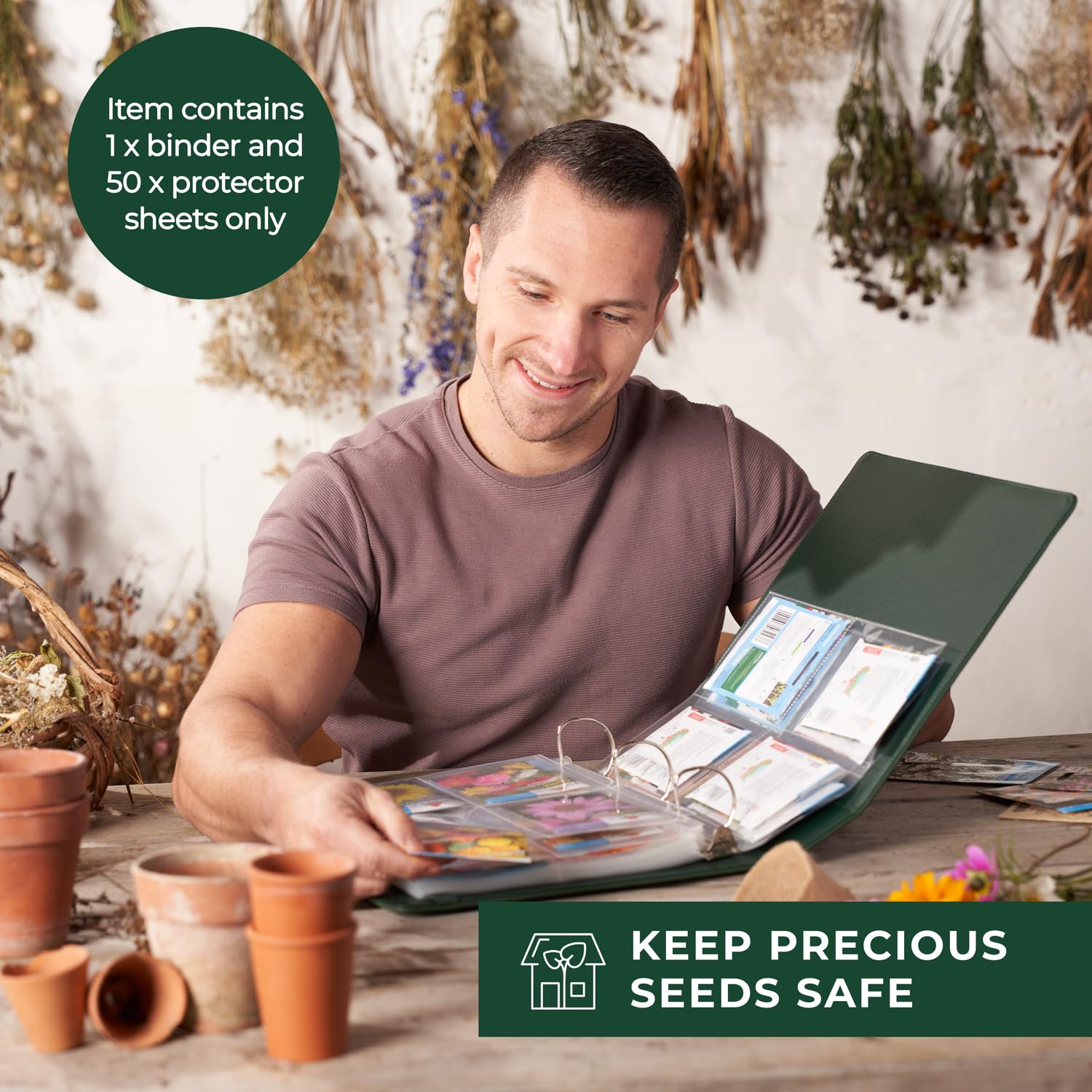 Classeur de rangement de graines – Organiseur de paquets de graines avec 50 protecteurs de feuilles qui stockent 200 enveloppes de graines. Classeur de stockage de graines offrant un kit complet