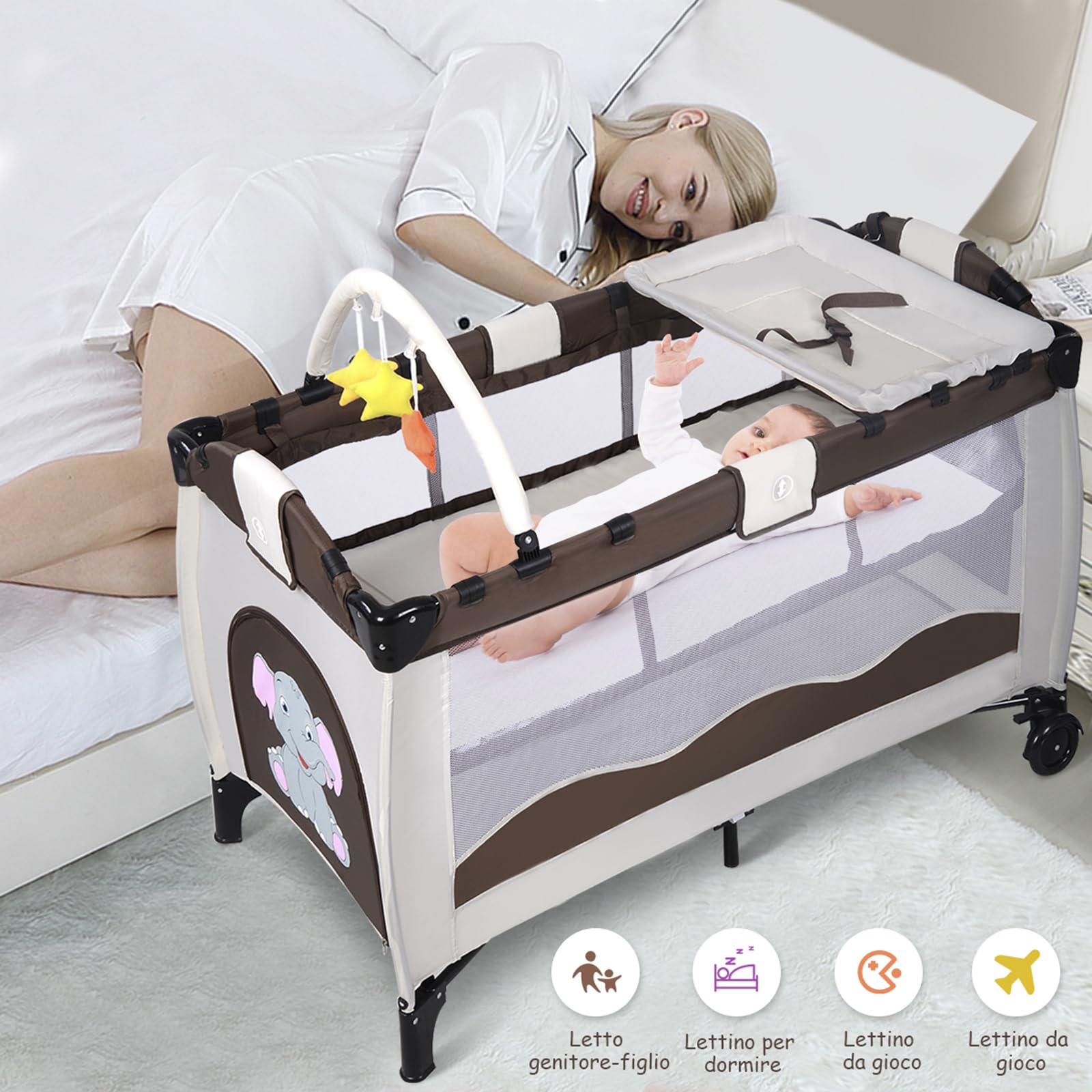 COSTWAY Lettino da Viaggio, Lettino da Campeggio per Bambini Culla Neonato, Incluso Materasso + Accessori, 125 x 66 x 77 cm (Marrone)