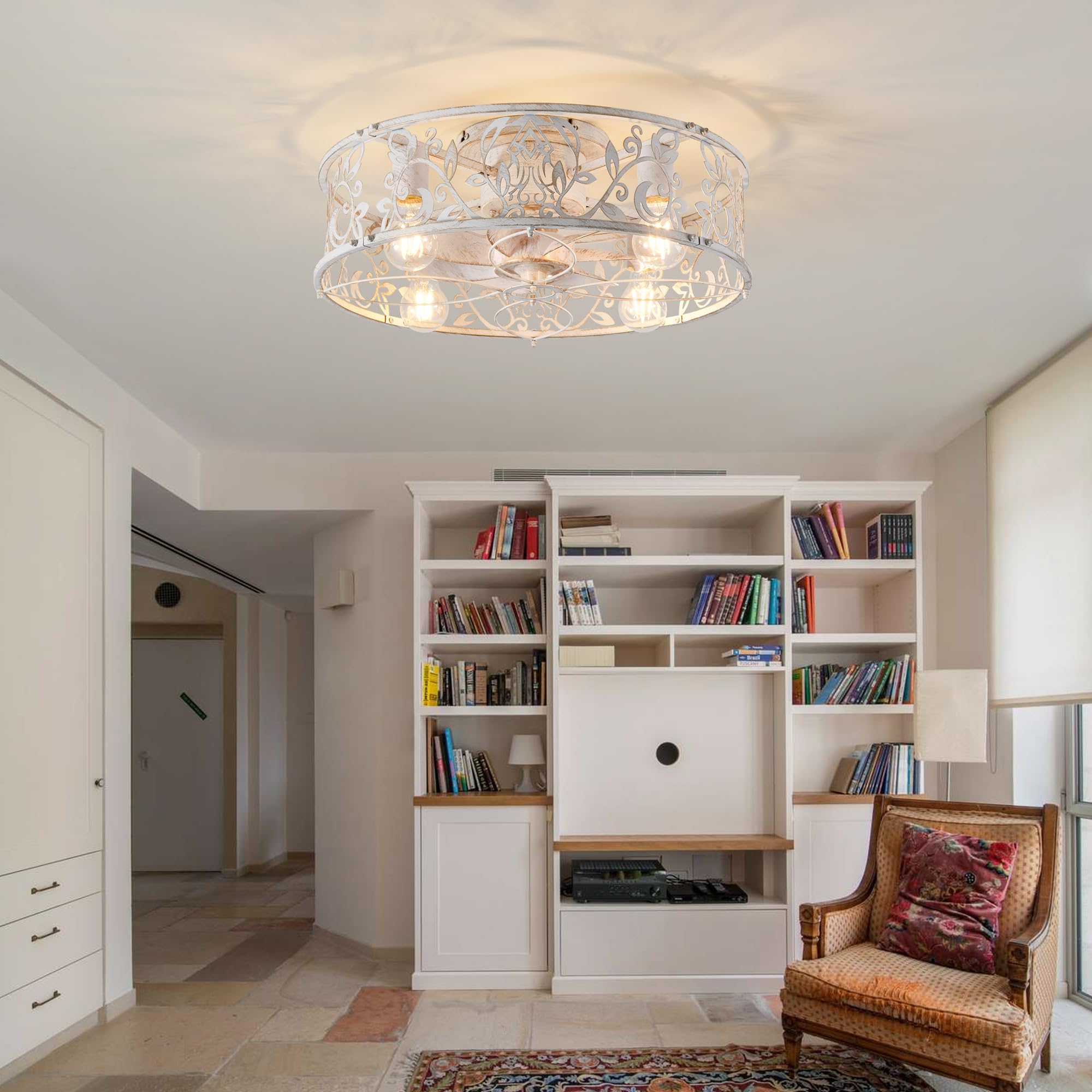 Ganeed Käfig Deckenventilator mit Licht Industrie-Stil Bauernhaus Decke Elegant Bemalte Beleuchtung 51cm Niedrigprofil Decke montiert Lampe E27 mit Fernbedienung Weiß 4 Licht