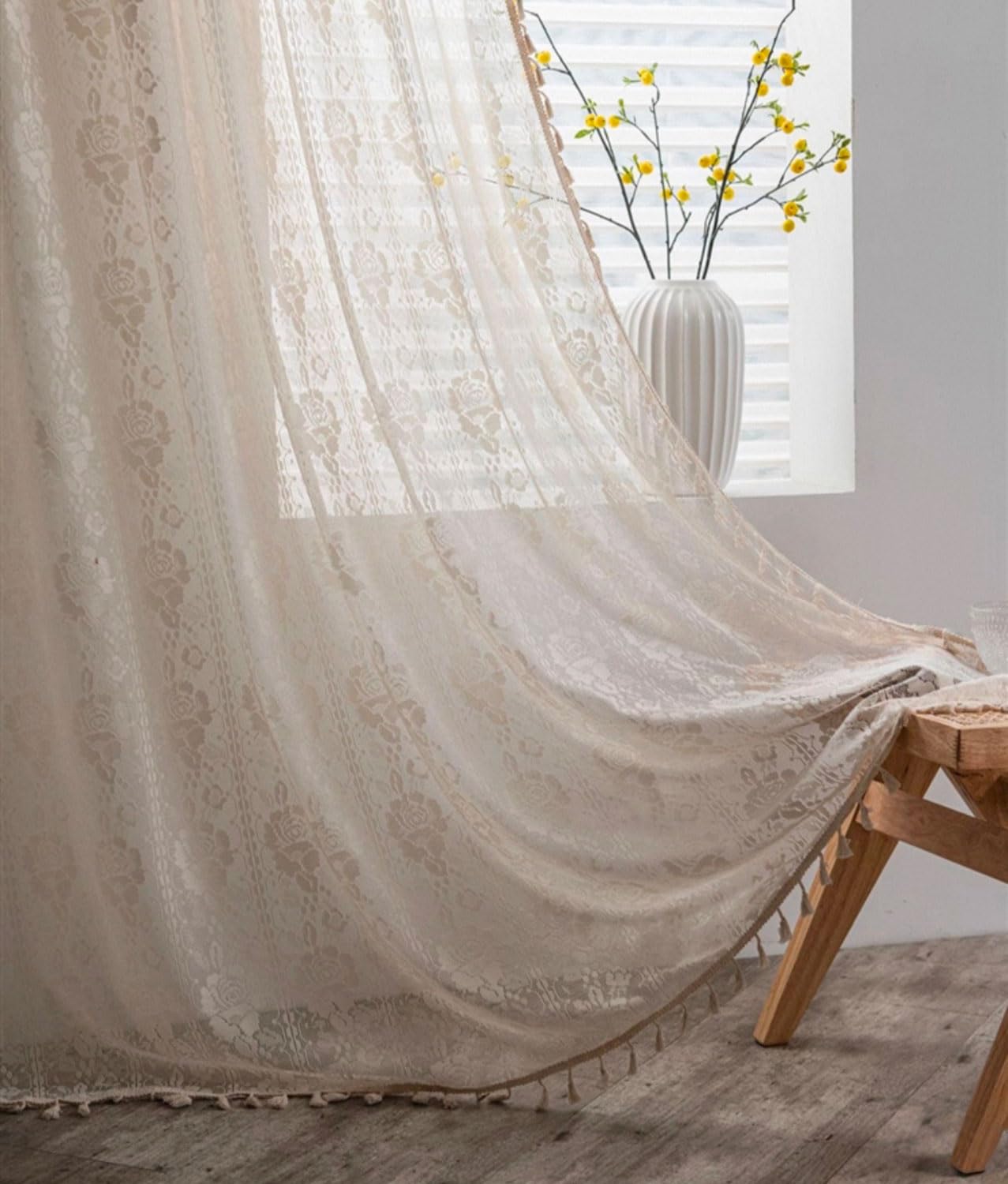 Rideau en dentelle de coton beige rose semi-transparent 150x280 pour chambre salon