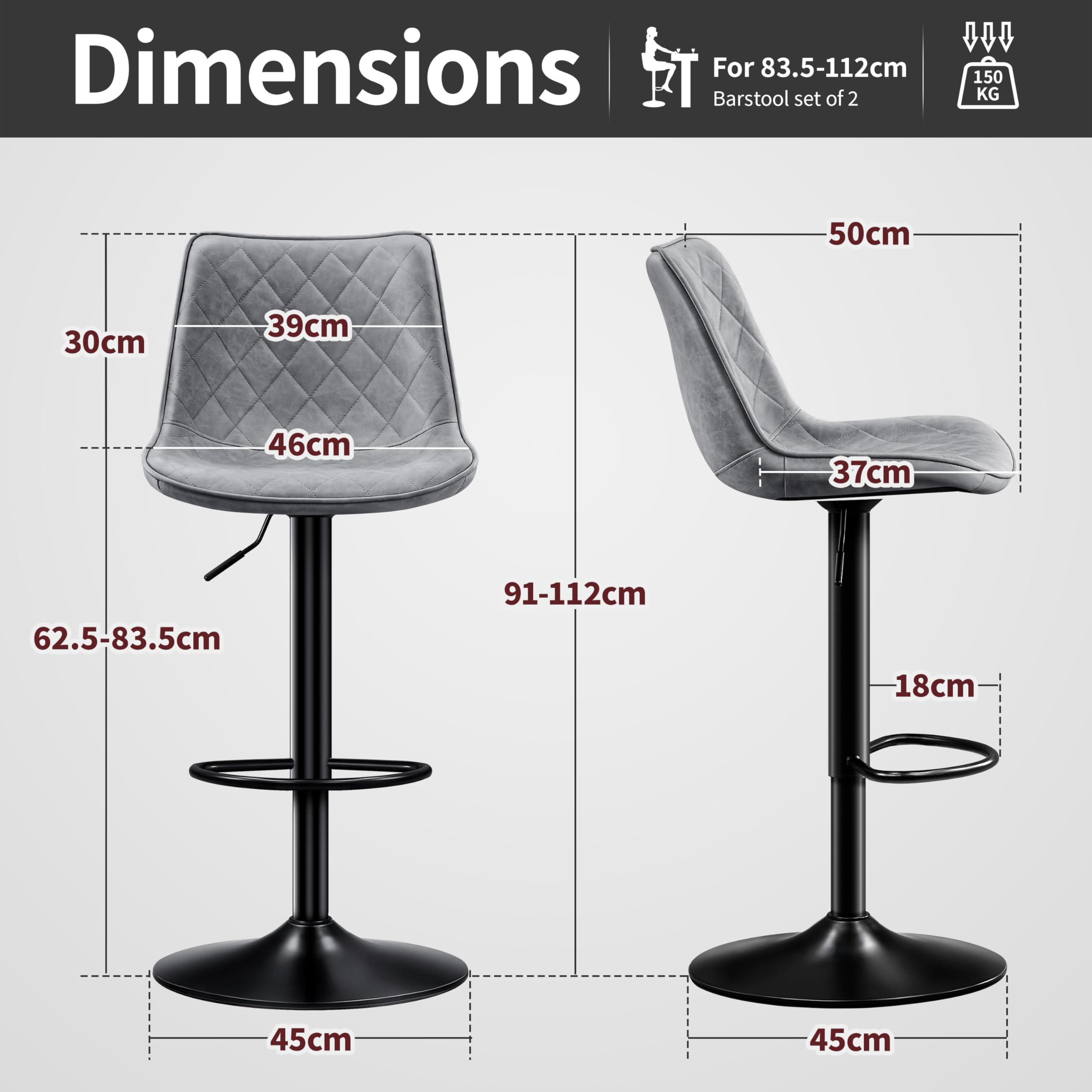 STOOLINK Lot de 2 Chaise Bar, Tabourets de Bar en Cuir Microfibre, Siège Bar avec Repose-Pieds, Tabouret Bar Réglable en Hauteur, Tabouret Comptoir Convient pour Bar, Cuisine-Gris
