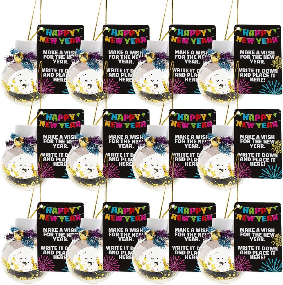 Fun Express Clear Plastic Ornaments for Crafts - 12 Fillable Ball Ornaments Kit with New Years Eve Wishing Papers | DIY Clear Ornament Balls for Holiday Decorations & Party Activities