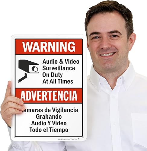 Miniatura 4 de SmartSign -S-9392-AL-14 Advertencia - Vigilancia de audio y video en servicio en todo momento  Aluminio de 10" x 14" - NegroRojo sobre Blanco