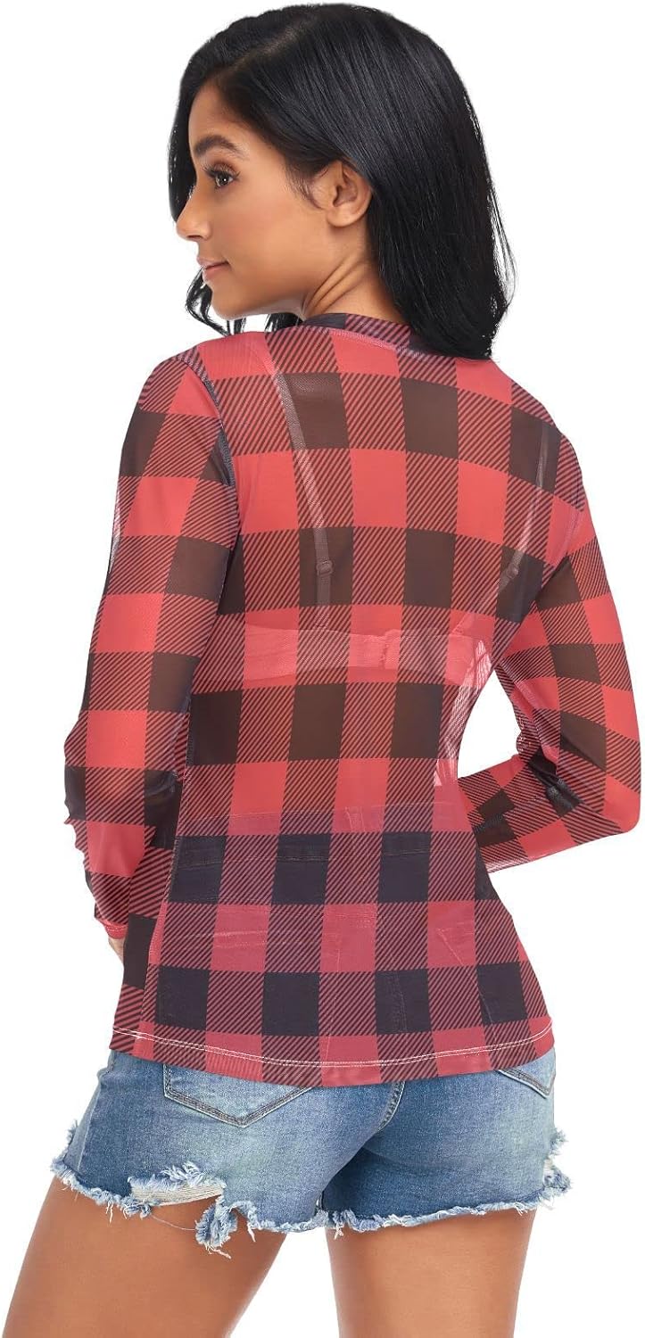 Christmas Holly Leaves Green Women's See Through Mesh Top Shirt With O Neck - Image 2