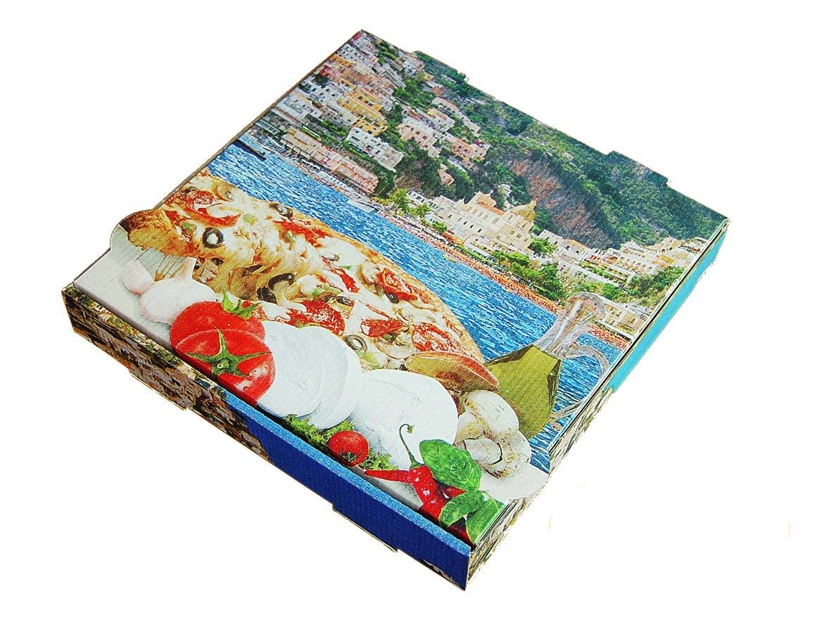 Pro DP 100 Pizzakartons Pizzaboxen Pizzaschachteln mit Mittelmeer Motiv 4cm hoch Kraftkarton recycelbar versch. Größen (36x36x4cm)