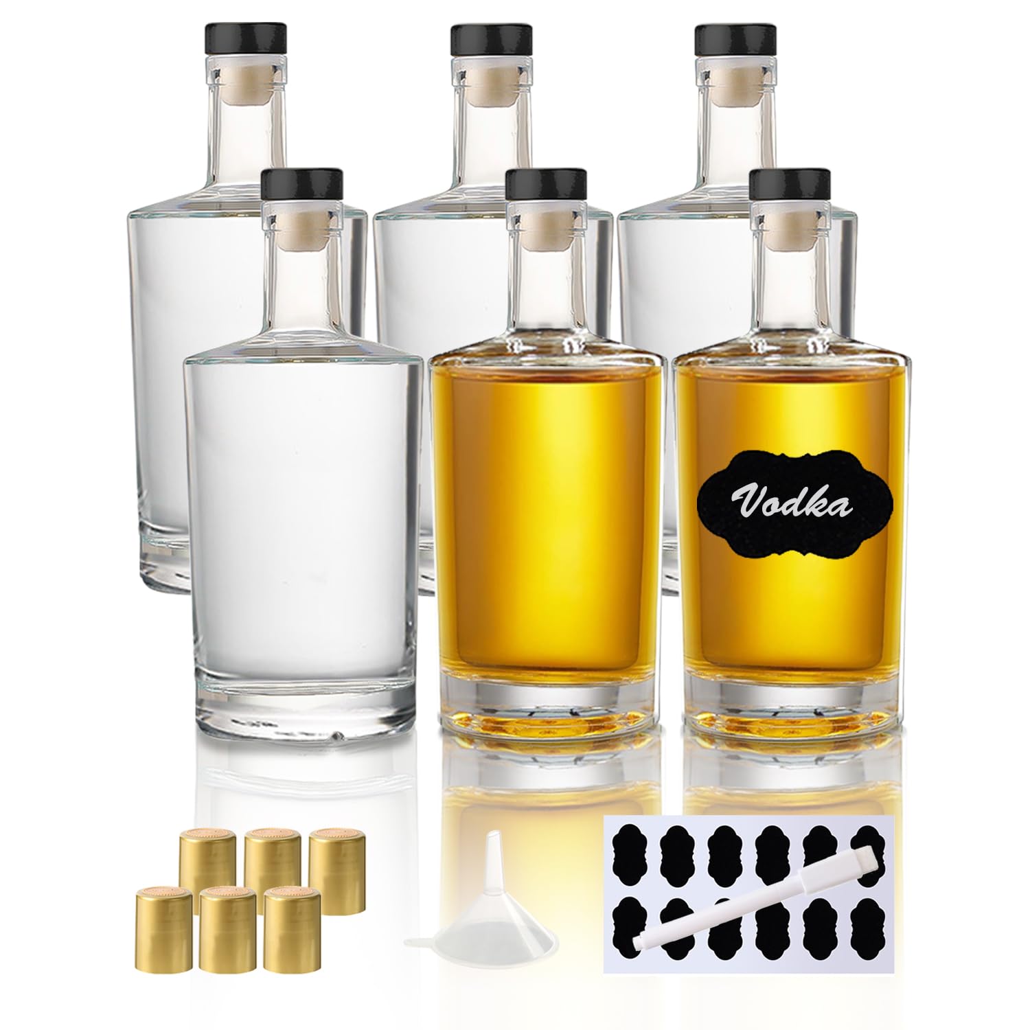 YBCPACK 100ml/3oz 6 Pack Glass Liquor Bottles with T-Top Black Caps Empty