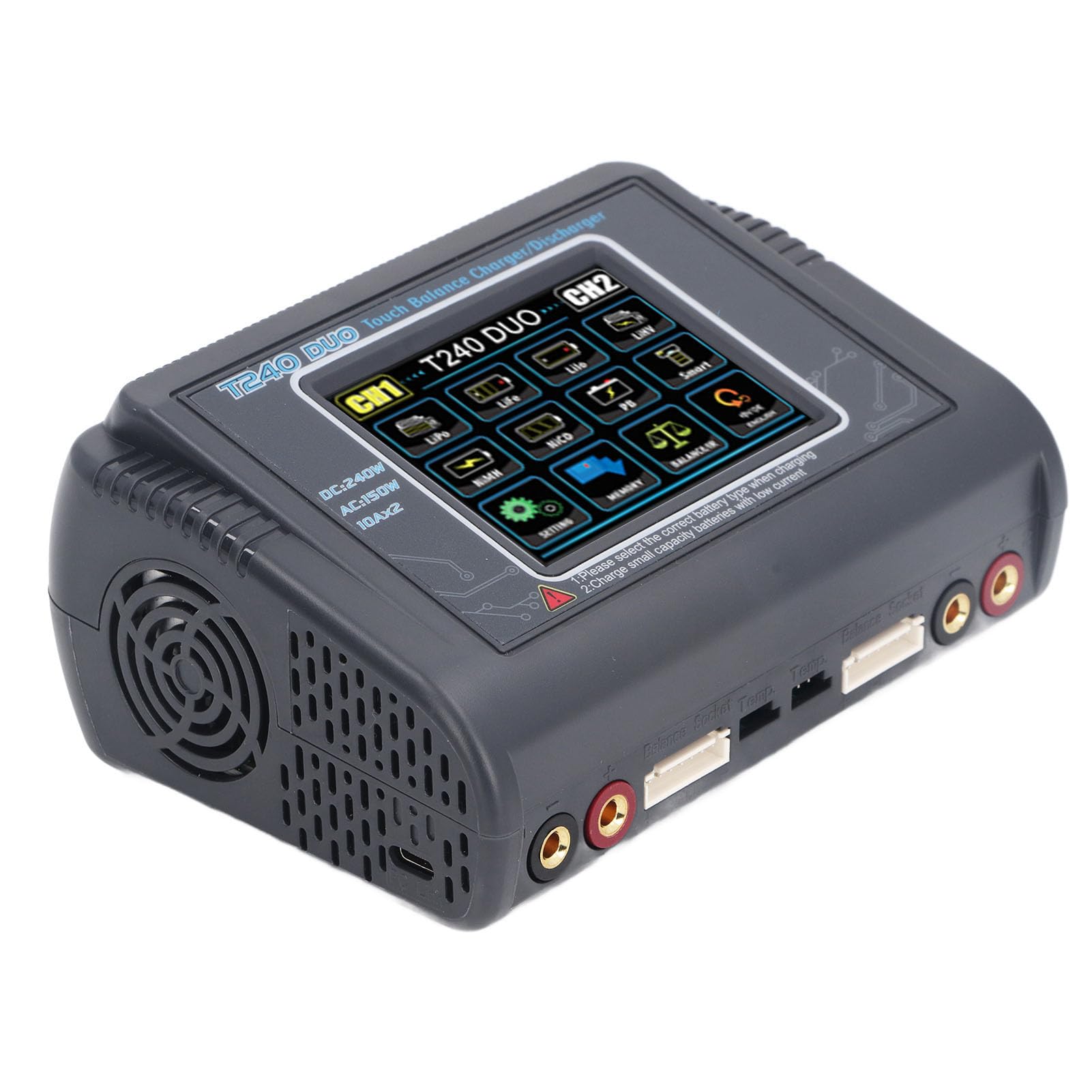 CHICIRIS Chargeur de Batterie LiPo, Double Chargeur de Batterie de Voiture RC 10 A, à équilibre Rapide avec Ventilateur de Refroidissement à écran Tactile, pour LiPo LiHV (Prise UE)