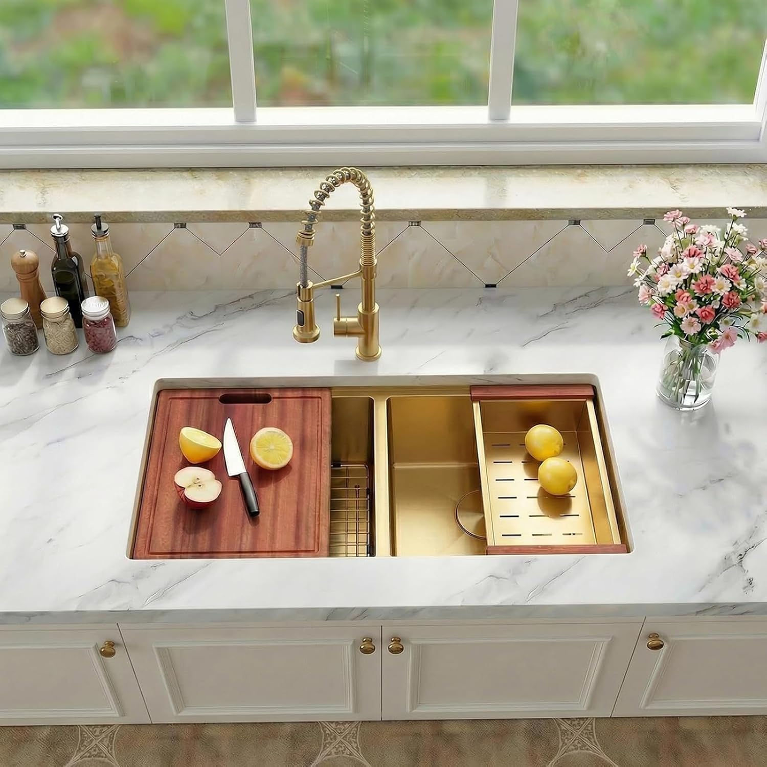 Gold Undermount Double Kitchen Sink, 16 Gauge SUS304 Stainless Steel Kitchen Sinks,50/50 Features All In One Workstation Sinks with Accessories, 30"x 18" x 10" Large and Deep Gold Double Sink