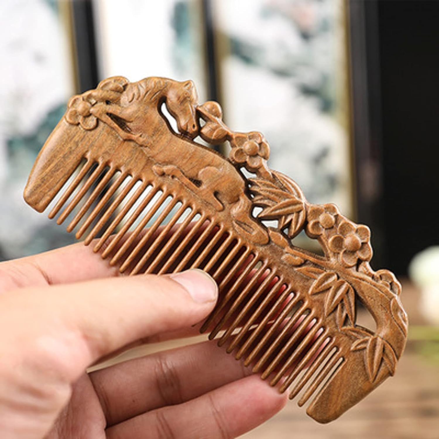 grzebień, grzebień z szerokimi zębami do loków, Hand carved Sandalwood Craft Comb Natural Green Sandalwood Embossed Wooden Comb Wooden Comb Gift,07 (Color : 7)