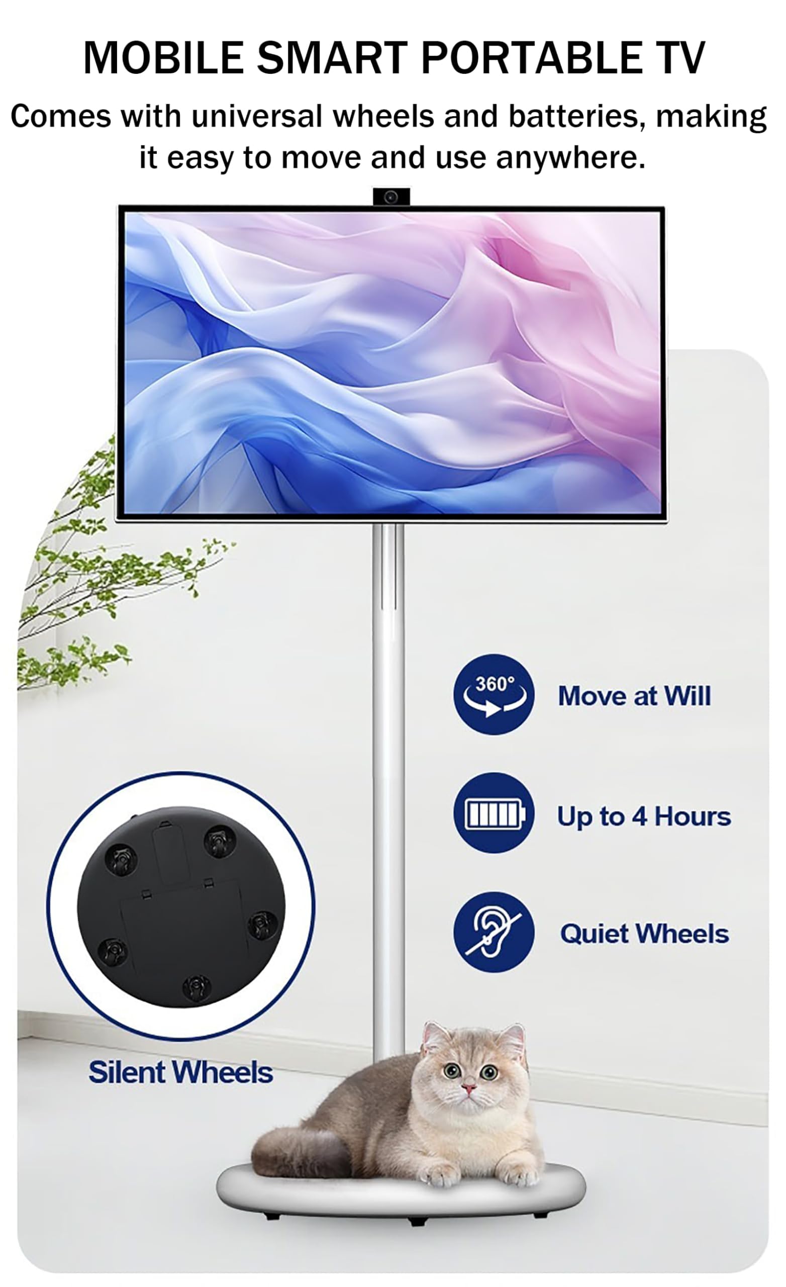 Smart TV Portatile Touchscreen da 27 Pollici con Supporto, Smart TV Mobile, Monitor Touchscreen 1080p, 6 GB di RAM + 128 GB di Memoria Interna, Girevole Completamente White