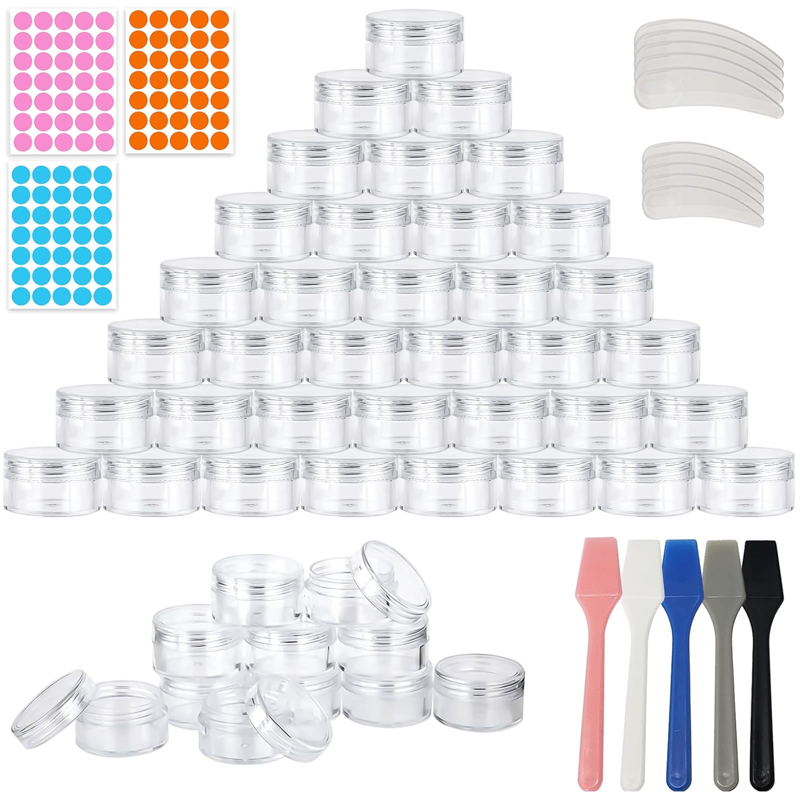 100 Pz Vasetti Cosmetici, 3ml Contenitori Cosmetici Vuoti con 15 Mini Spatola e 105 Adesivi, Barattolini Plastica Piccoli con Tappo per Lozioni, Creme