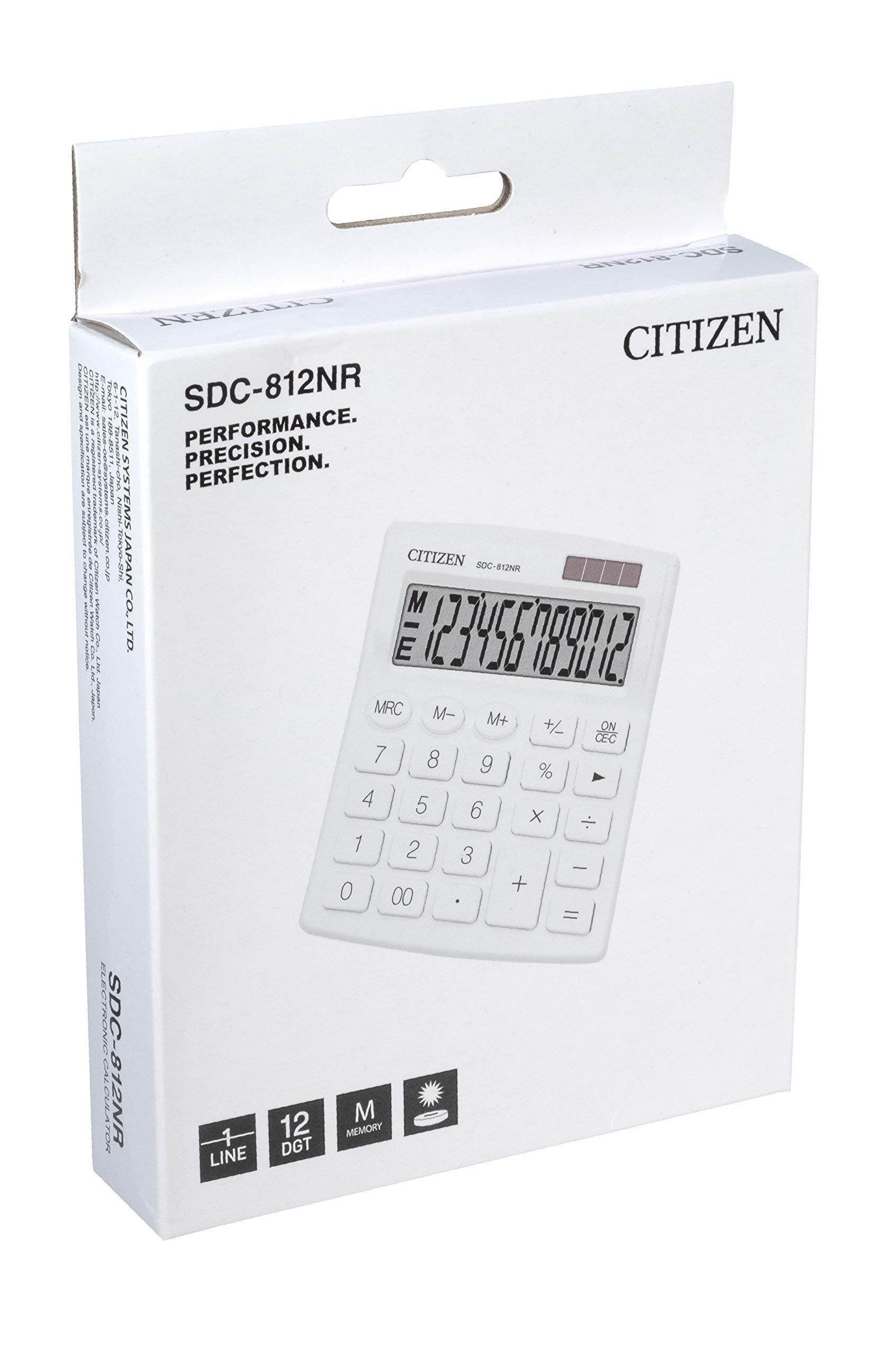 Kalkulator Citizen SDC812 12 cyfrowych Biały Kalkulator biurkowy Bateria Dual Power Solar & Bateria