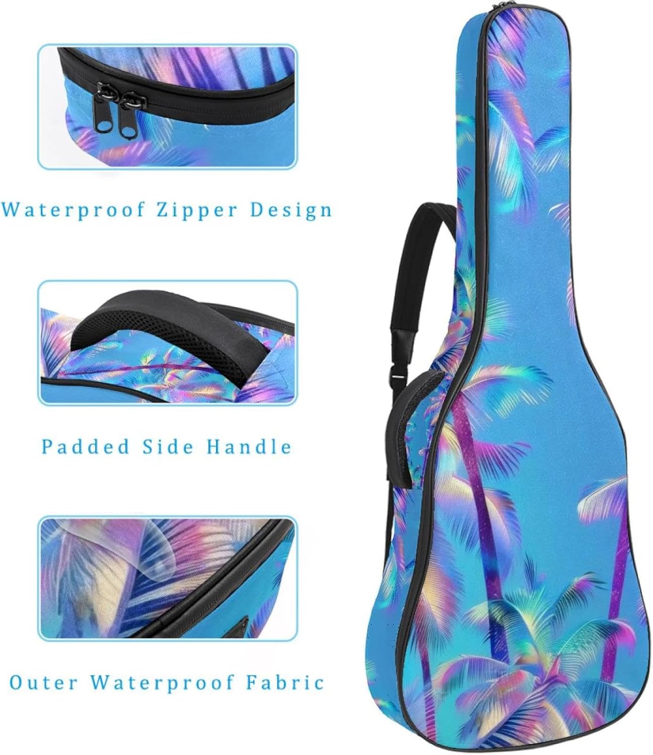 Acoustic Guitar Bag, 40 41 42 Inch Guitar Case Cover Soft Guitar Gig Bag for Acoustic Electric Bass Classical Guitar, Tropical Jungle Texture on Blue Background.