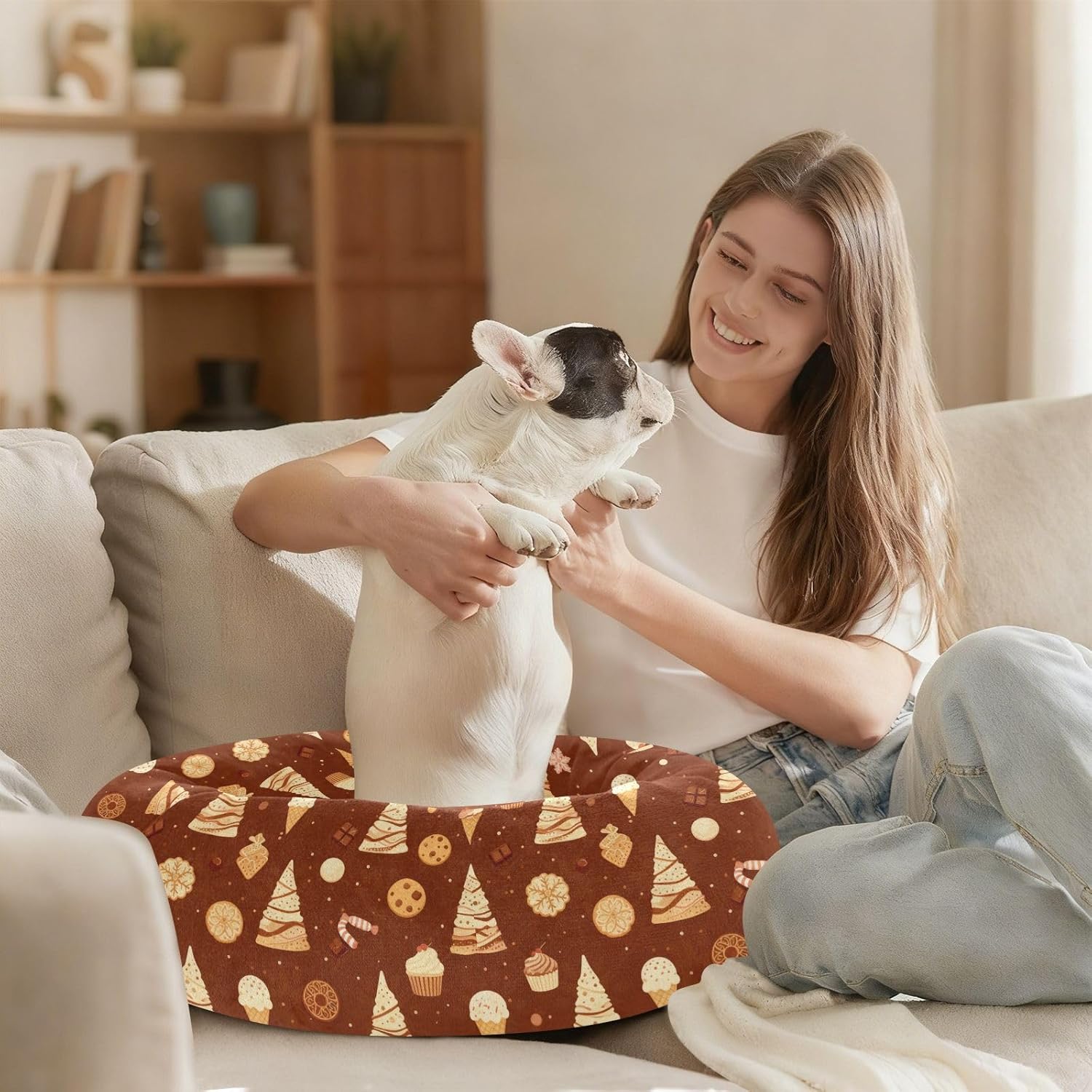 Pet Dog Bed Calming Anti Anxiety Fluffy Cat Pillow Bed for Small Size Pets Supplies M Christmas Sweets Pattern