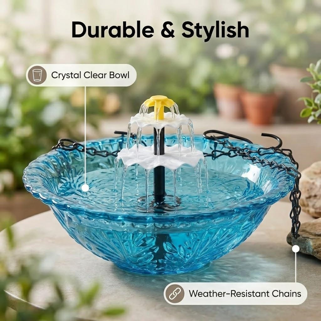 Solar Cascade Hanging Bird Bath Fountain, 3-Tier 9.3" Glass Bowl with Solar Powered Pump, Easy-Clean Hanging Birdbath for Outdoor Garden Patio, Attracts Hummingbirds (Blue)