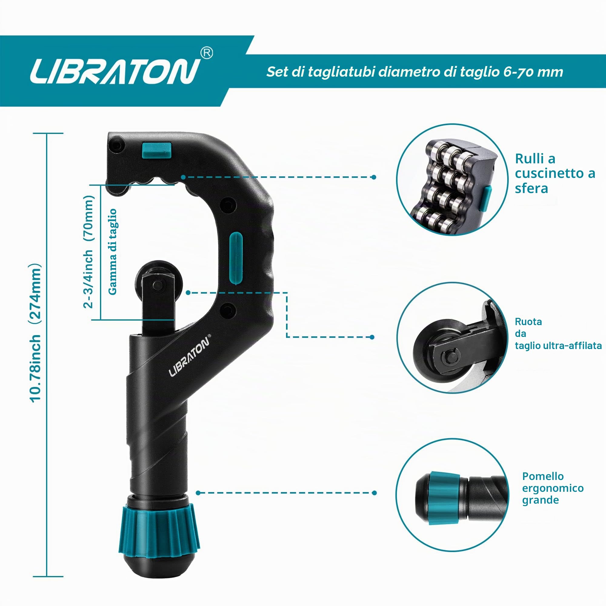 Libraton Tagliatubi, Tubo Tagliatubi Ø6-70mm per Tubi in Rame, Alluminio, Acciaio Inossidabile Sottile, Acciaio - Tagliatubi in Metallo per Impieghi Gravosi con Strumento di Sbavatura