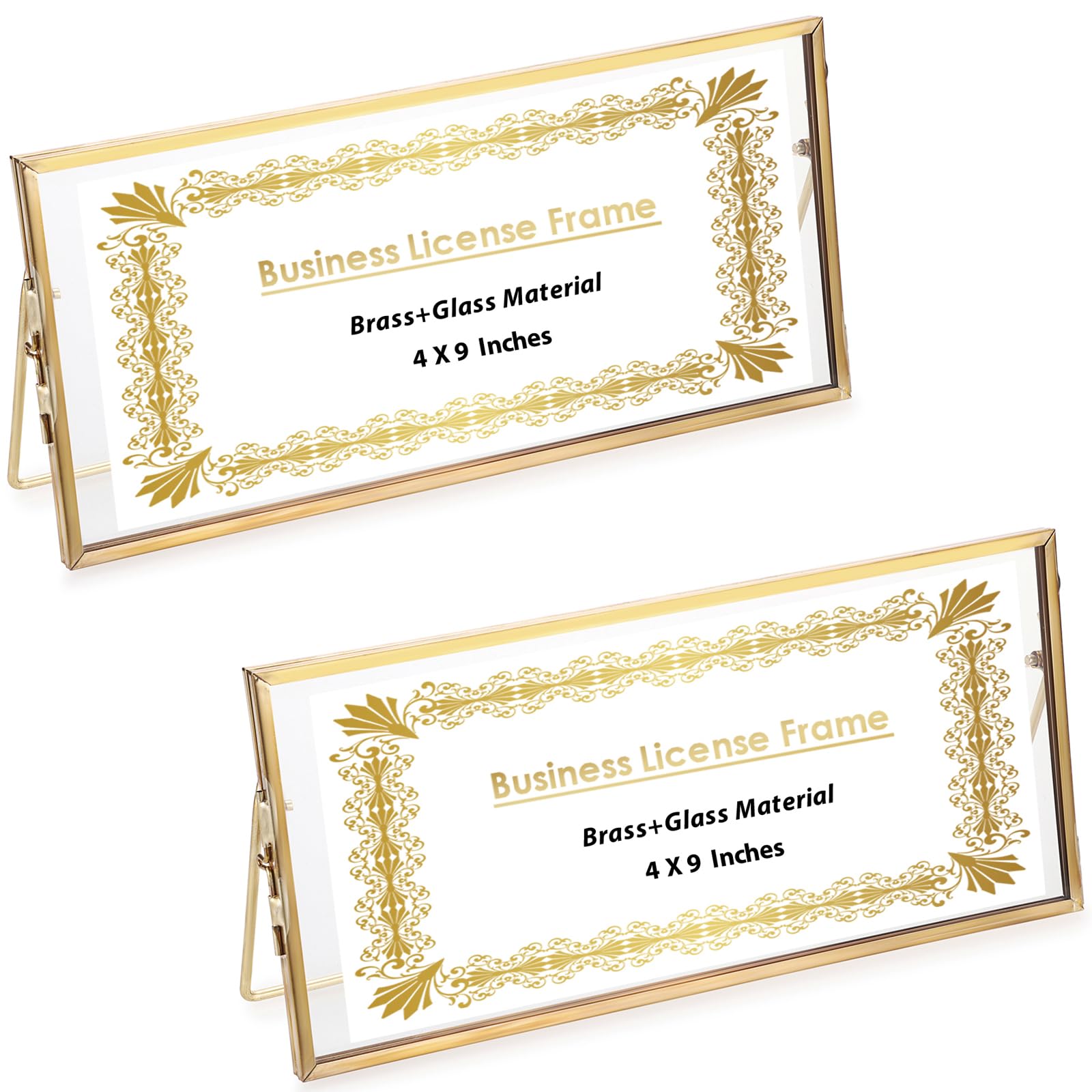 Photo 1 of JUXYES 2 Pack Tabletop Business License Frame Brass License Certificate Display Frame, Double Glass Floating Diploma Frames, Desktop Golden Graduation Frames for 4x9 and 3.5x8.5 Certificate Business