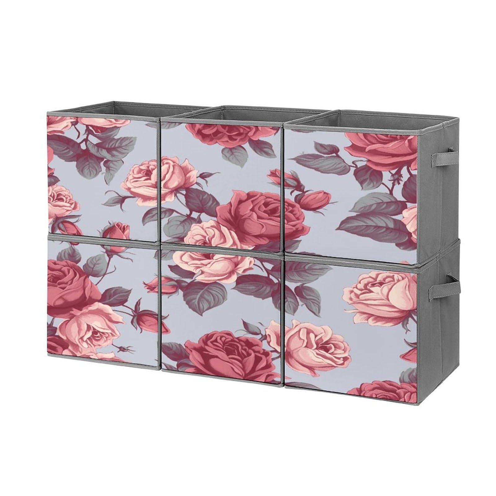 Lot de 6 boîtes de rangement empilables et pliables au motif de roses rouges
