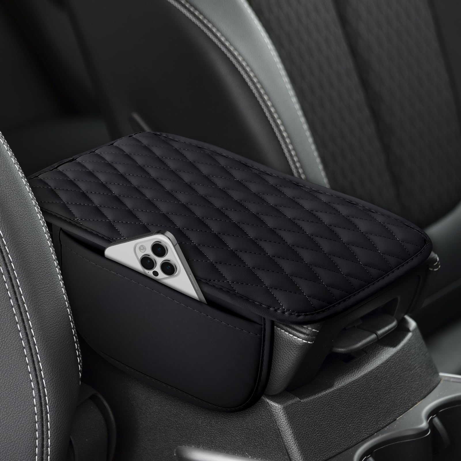 upgraded car center console cover, leather armrest cover 2 storage bags, waterproof car arm rest cover, scratch & wear resistant, universal car interior accessories protector for most vehicles (black)