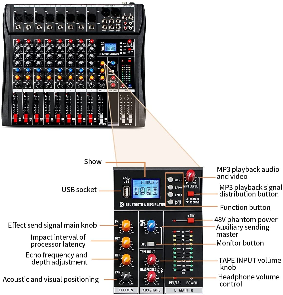 Depusheng DA8 Mélangeur audio professionnel Console de carte de son Bluetooth Interface de système de bureau à 8 canaux Entrée MP3 USB numérique Alimentation fantôme 48V, Noir