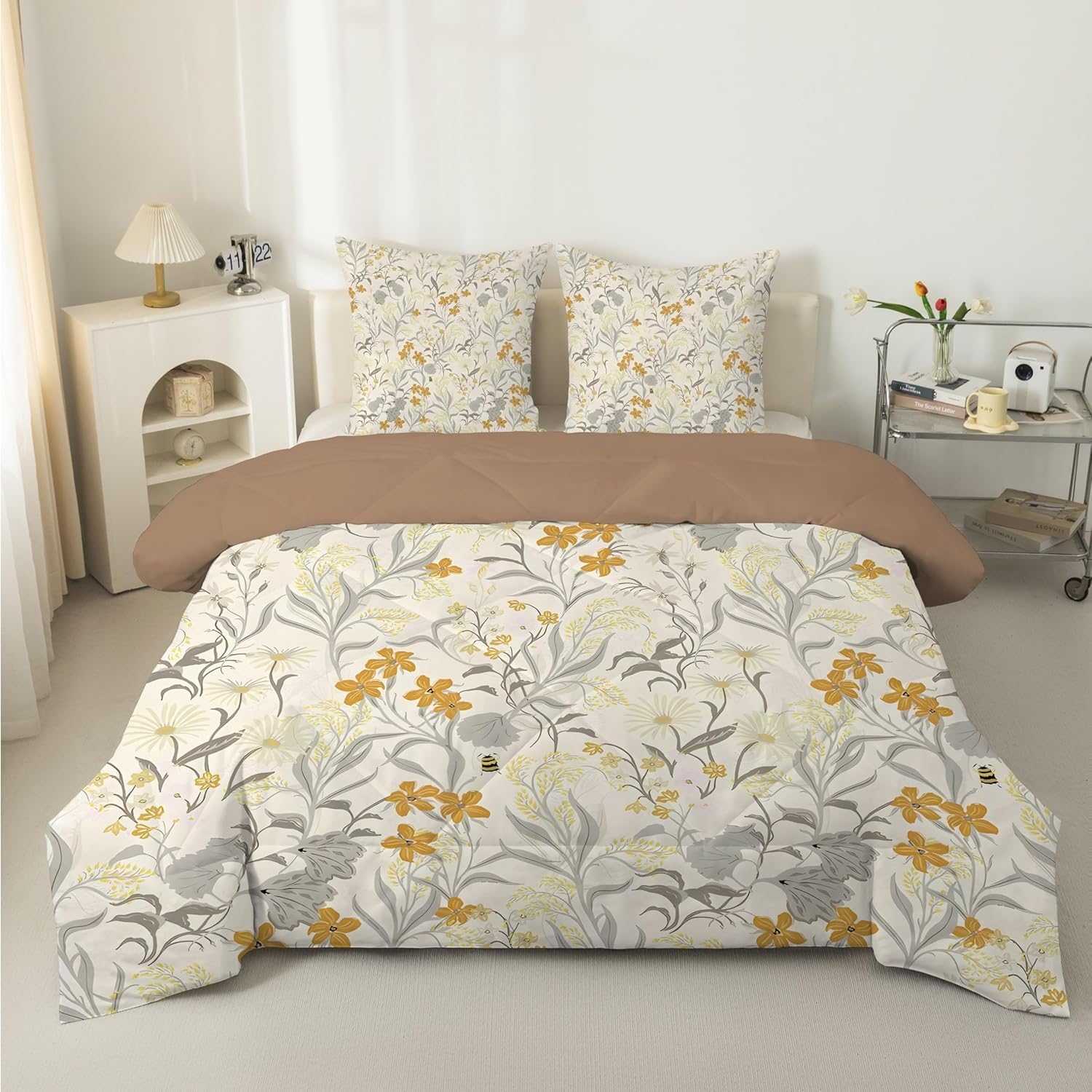 Couette 240x260 fleurs jaunes avec taies d'oreiller pour lit 2 personnes