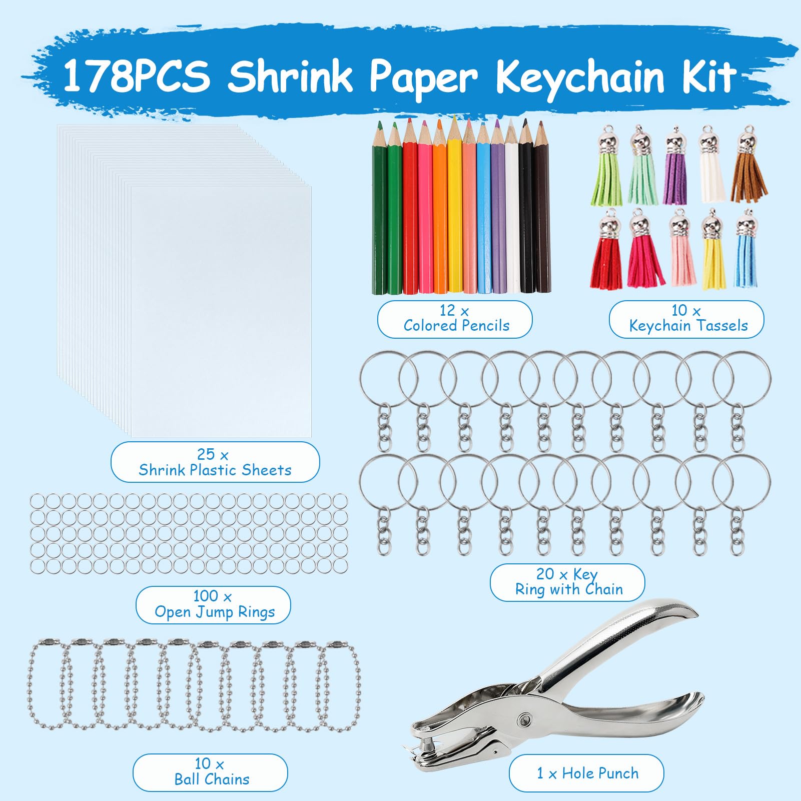 Auihiay 178 Pièces Kit Plastique Fou Porte Clés pour Fête des Pères, 25 Feuilles Plastique Fou avec Perforateur, Crayons, Porte-clés, Plastique Dingue pour DIY Adulte et Adolescent