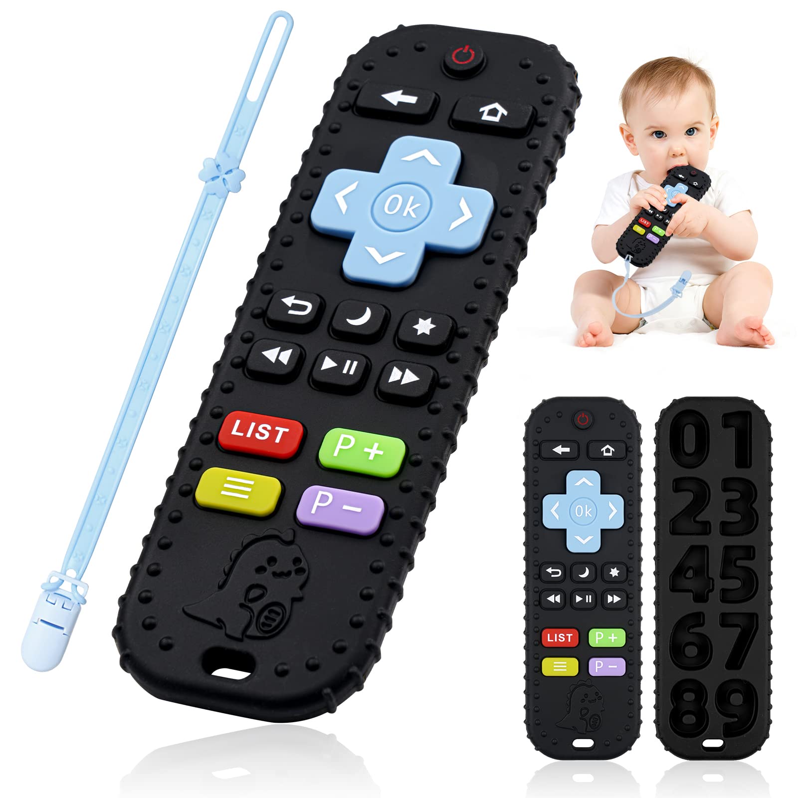 Juguetes de Silicona para La Dentición, Mando a Distancia Control Remoto para la dentición con Cuerda Anti-perdida, Juguetes para recién Nacidos, Regalos para bebés de 6 a 12 Meses (Negro)