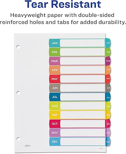 Miniatura 5 de Avery Jan-Dec - Divisores personalizables de tabla de contenido para carpetas de 3 anillas, juegos de 12 pestañas, multicolor, 3 juegos de
