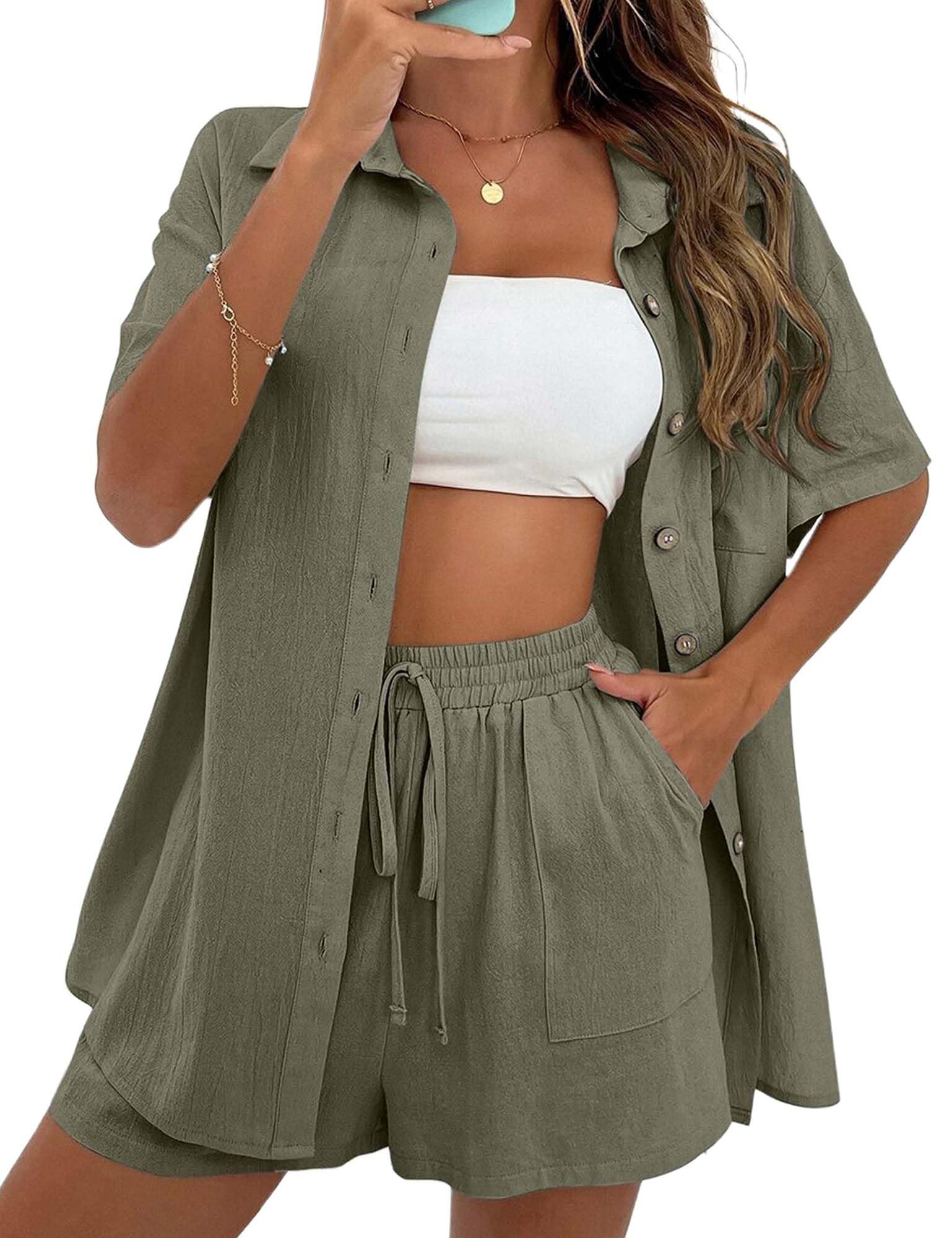 Women Cotton Linen Short Sets Summer 2 Piece Shorts Top Lounge Beach Vacation Two Piece Outfits Tracksuits With Pockets