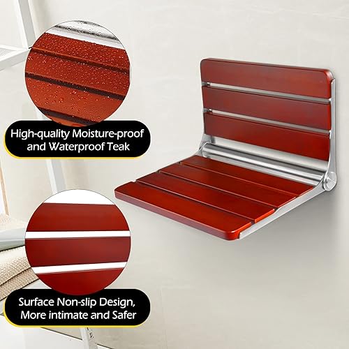 Miniatura 7 de Dyna-Living Asiento de ducha plegable de madera de teca montado en la pared, 2 piezas, 400 libras, asiento de ducha plegable