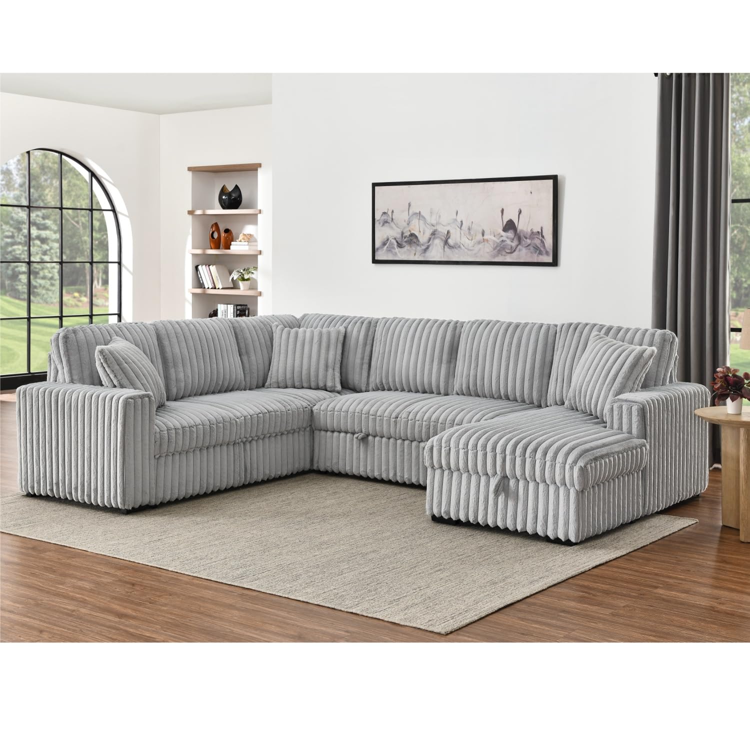 THSUPER 122-Inch Oversized U Shaped Plush Corduroy Fluffy Sectional Sleeper Sofa with Pull Out Bed, Storage Chaise Lounge and USB Charging Port - Gray