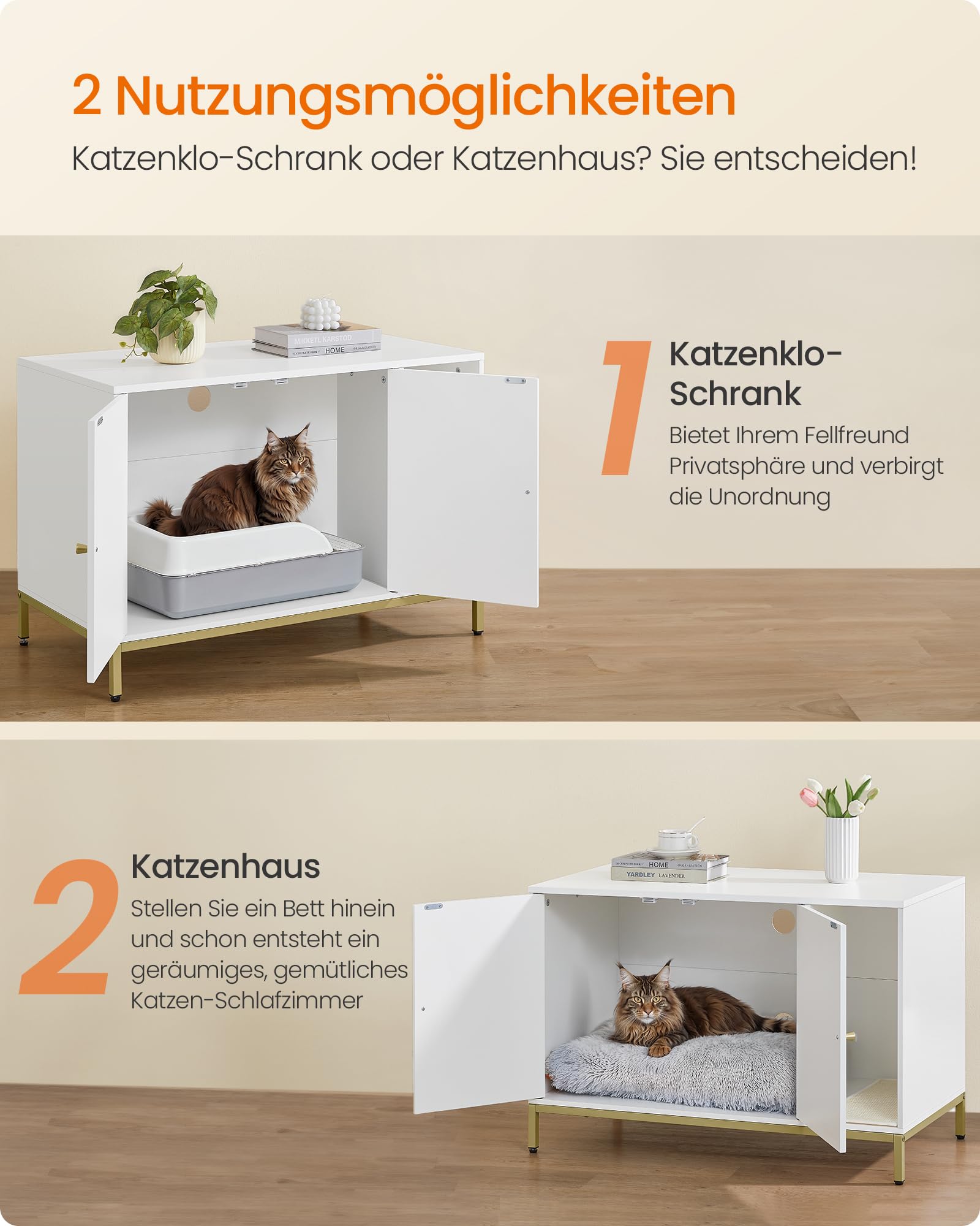 Feandrea Katzenklo-Schrank, Katzenhaus, Katzentoilette, mit Kratzmatte, hohe Beine, für Katzen, Beistelltisch, 90 x 48 x 61,5 cm, weiß-goldfarben PCL027W01