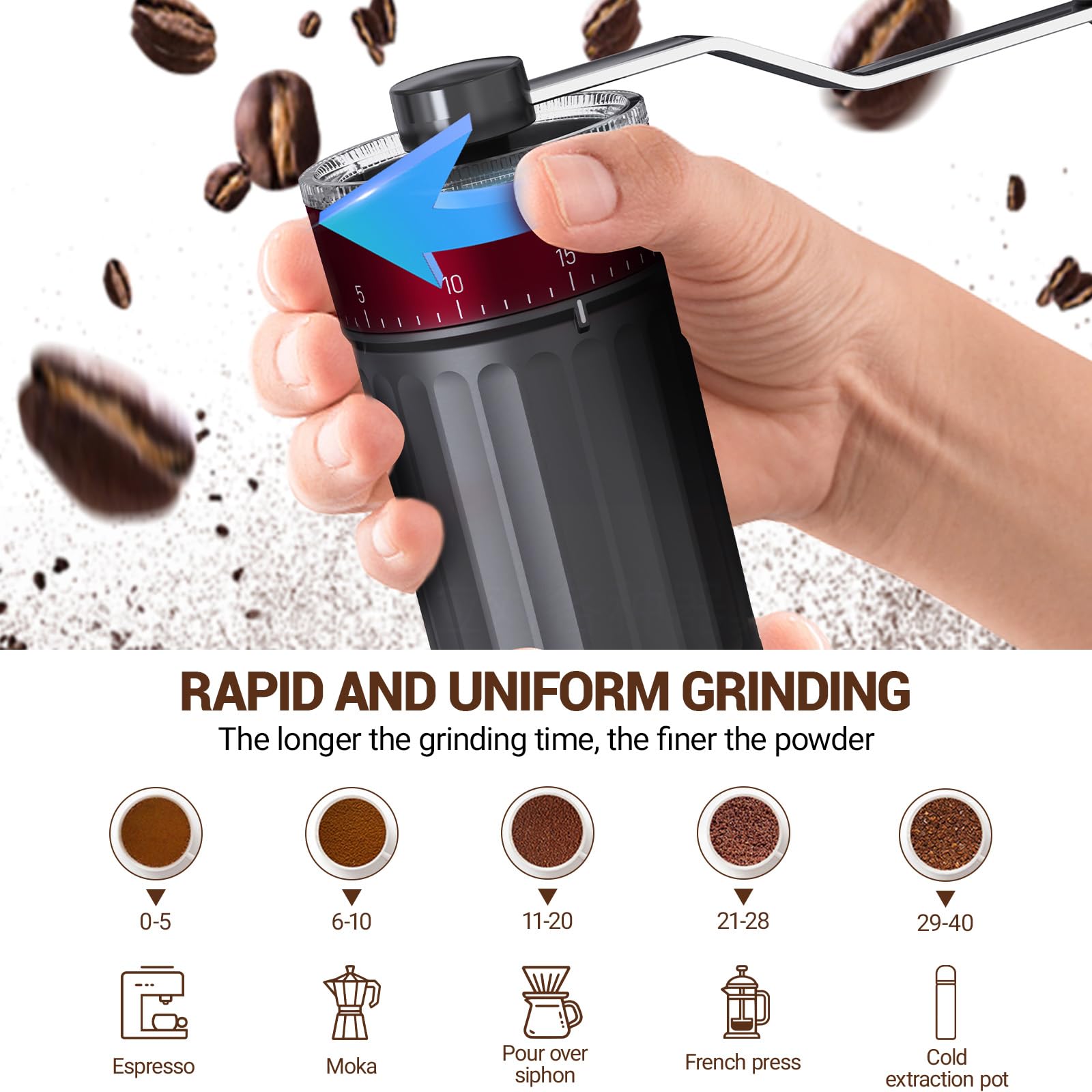 Moulin à Café Manuel, Portable Broyeur à Café en Grain avec Meules en Céramique, 40 Réglages Externes pour French Press, Espresso, Pour-Over, Moka, Idéal pour Maison, Bureau ou Voyages