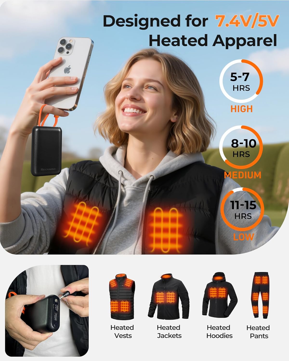 7.4V 5V 20,000mAh Heated Vest Battery Pack, Battery Pack for Heated Vest Compatible with ORORO, for TODWARM, for XINSONYUELL, for Weamest, Power Bank with Built-in USB-C Cable (No for Venustas) - Image 2