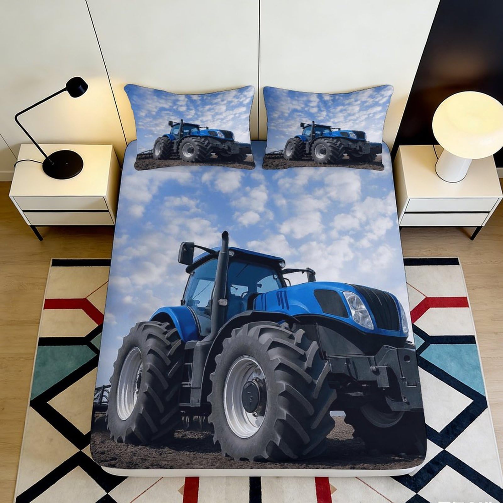 3D Printed Blue Tractor Fitted Sheet Microfiber Anti-Slip Large Farm Vehicle Mattress Cover for Bedroom Guest Room Dorm Decor 180x200x25cm