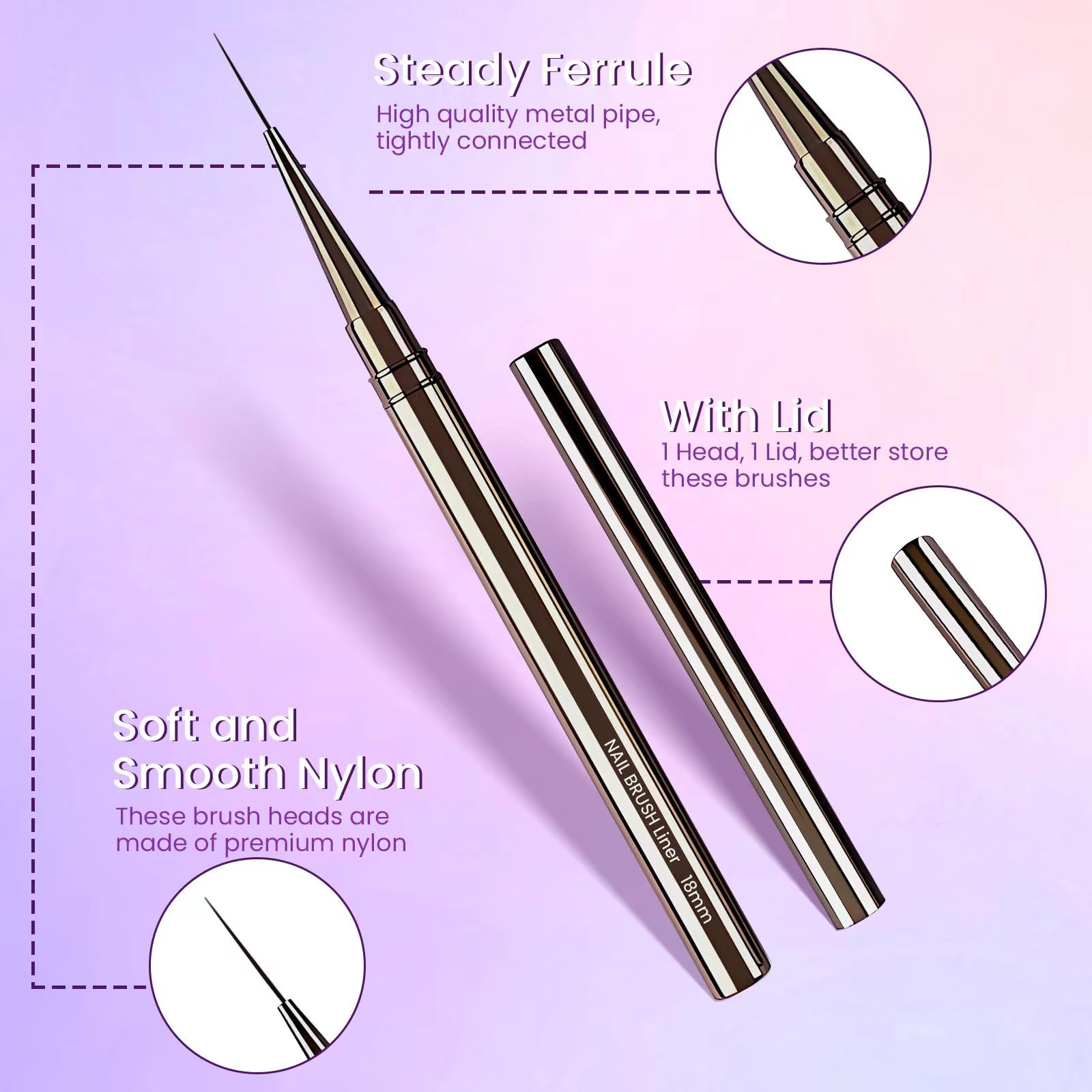 Lokaloka 6/9/12/15/18mm Pennelli Unghie Gel Sottile Nail Art Professionali con Tappo, 5 Pezzi Pennello French Penna Pennellino Set per Ricostruzione Acrigel Semipermanente