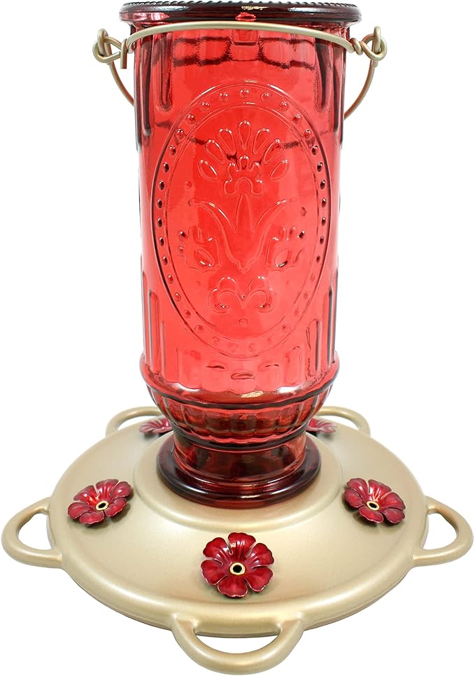 More Birds Red Vintage Hummingbird Feeder, Antique Glass Hummingbird Feeders for Outdoors, 5 Feeding Stations, 20 Ounces
