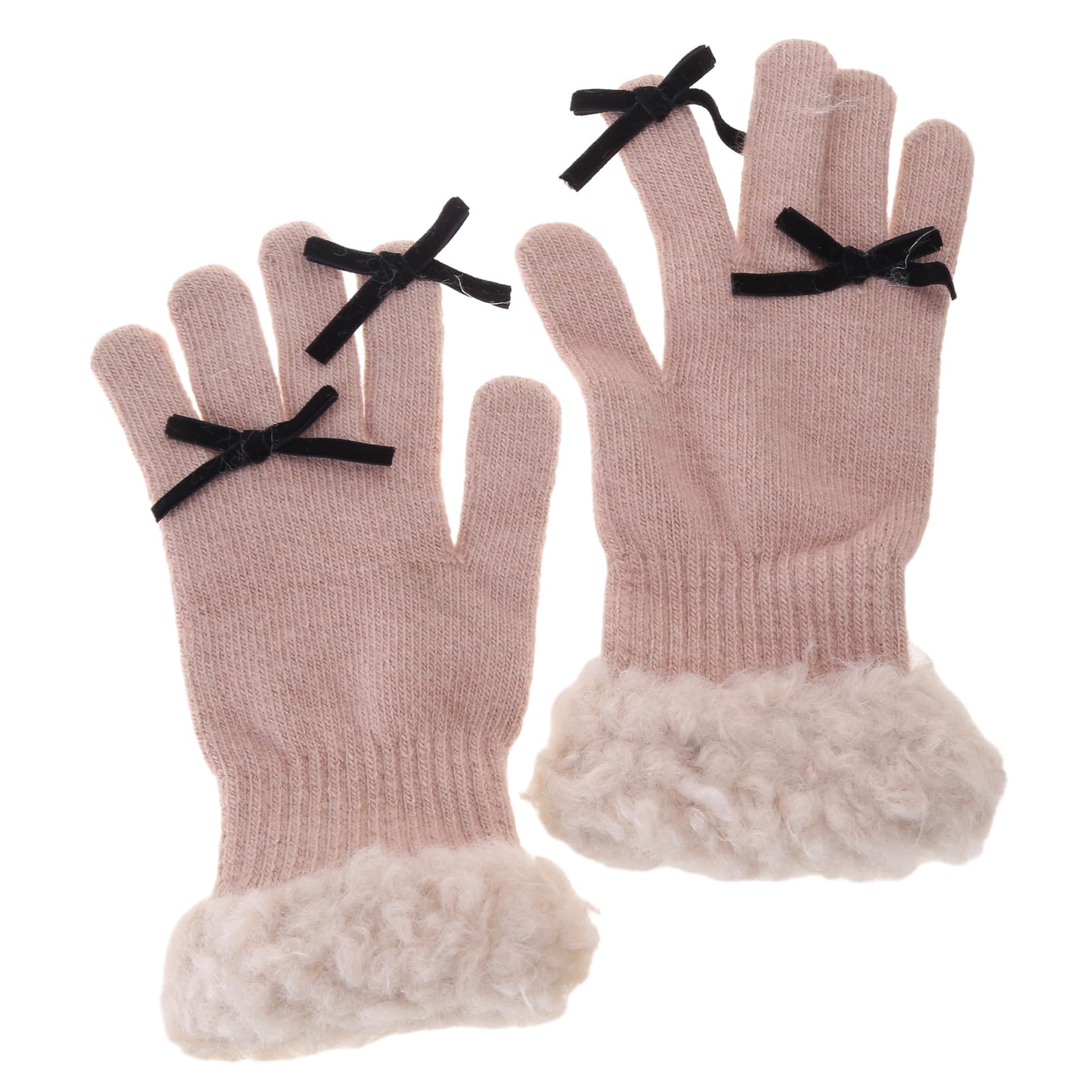 Knitted Plush Cuffs Gloves Winter Full Finger Mittens Stretchy Warm Gloves With Small Bowknot Decor For Girls Teens
