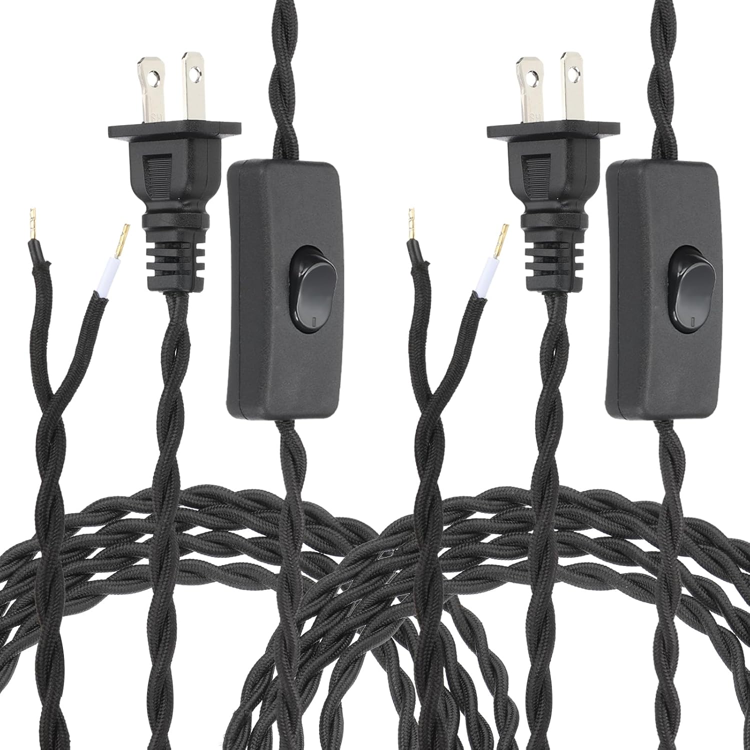 uxcell 12Ft 18/2 Twisted Cloth Covered Lamp Cord, 2 Pcs Vintage Fabric Electrical Wire with Switch Button and Plug Stripped Ends Ready for Extension Wiring DIY Repairing, Black
