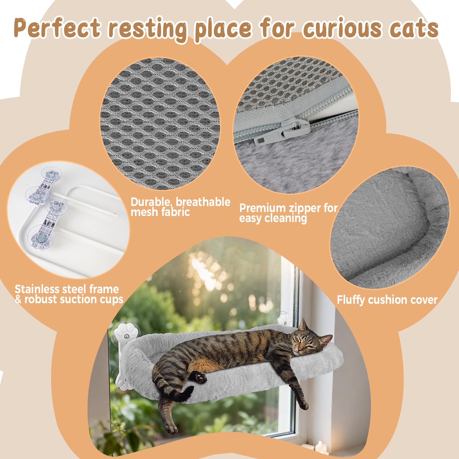 Hamac Chat Fenetre, Hamac pour Chat 60 x 30 cm, Ventouses Puissantes, Peu Encombrante, Charge Maximale 18 kg (Gris)