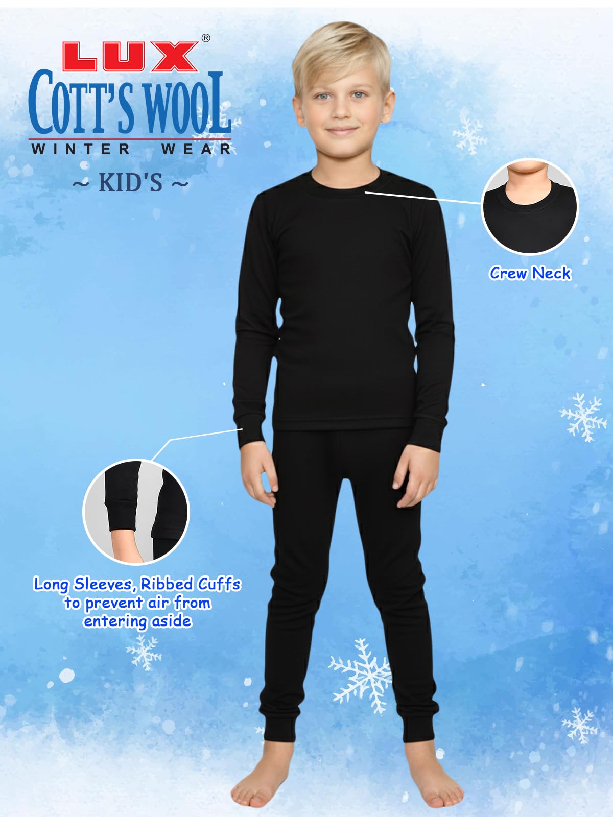 Lux Cott's Wool Set di biancheria intima termica da ragazzo con maniche lunghe e girocollo, set termico per bambini, con strato inferiore e top invernale