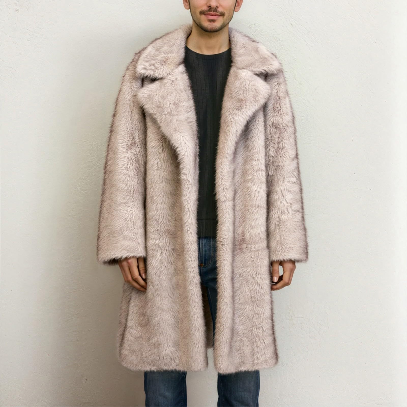 Generisch Cappotto di pelliccia da uomo lungo cappotto di pelliccia sintetica peluche giacca invernale caldo cappotto pelliccia giacca a maniche lunghe risvolto finta pelliccia giacca cardigan sciolto