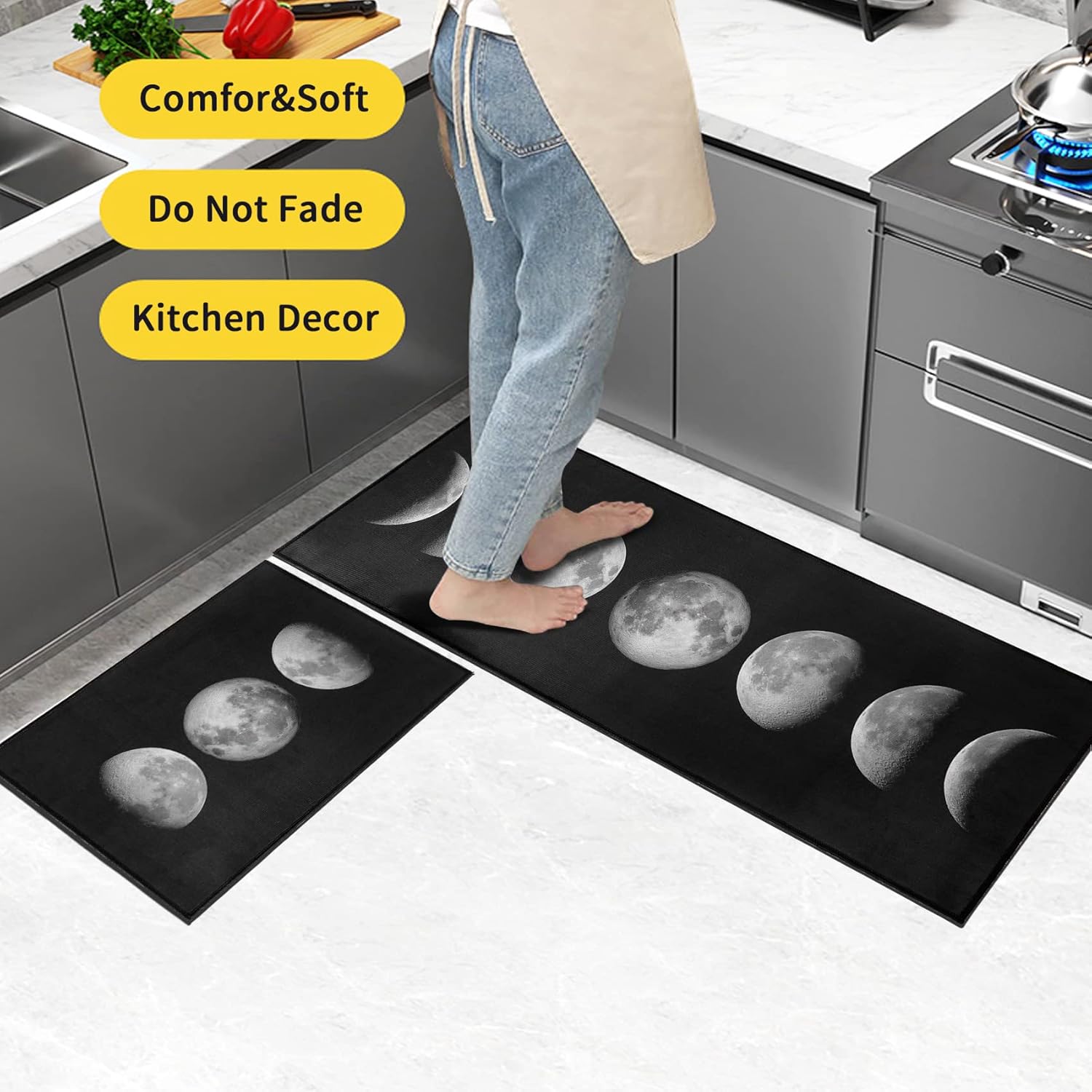 2 Piece Moon Kitchen Rugs Set,Non Skid Washable Kitchen Mats for Floor,Kitchen Sink Runners Home Decor Essentials(Moon)