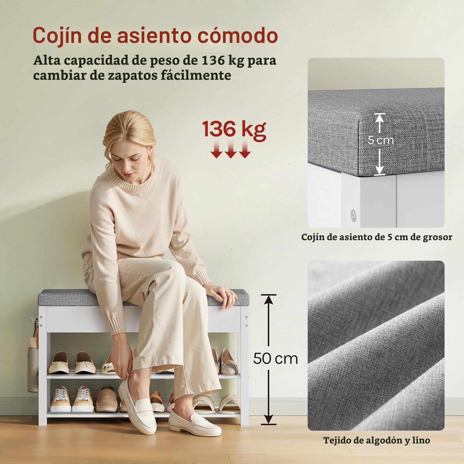 WOLTU Zapatero con Asiento Acolchado, Banco Zapatero de 2 Niveles, 1 Zona Oculto y 2 Ganchos, Organizador para Zapatos, Estructura Metálica, para Entrada o Pasillo, 80x30x50 cm, Blanco+Gris Claro