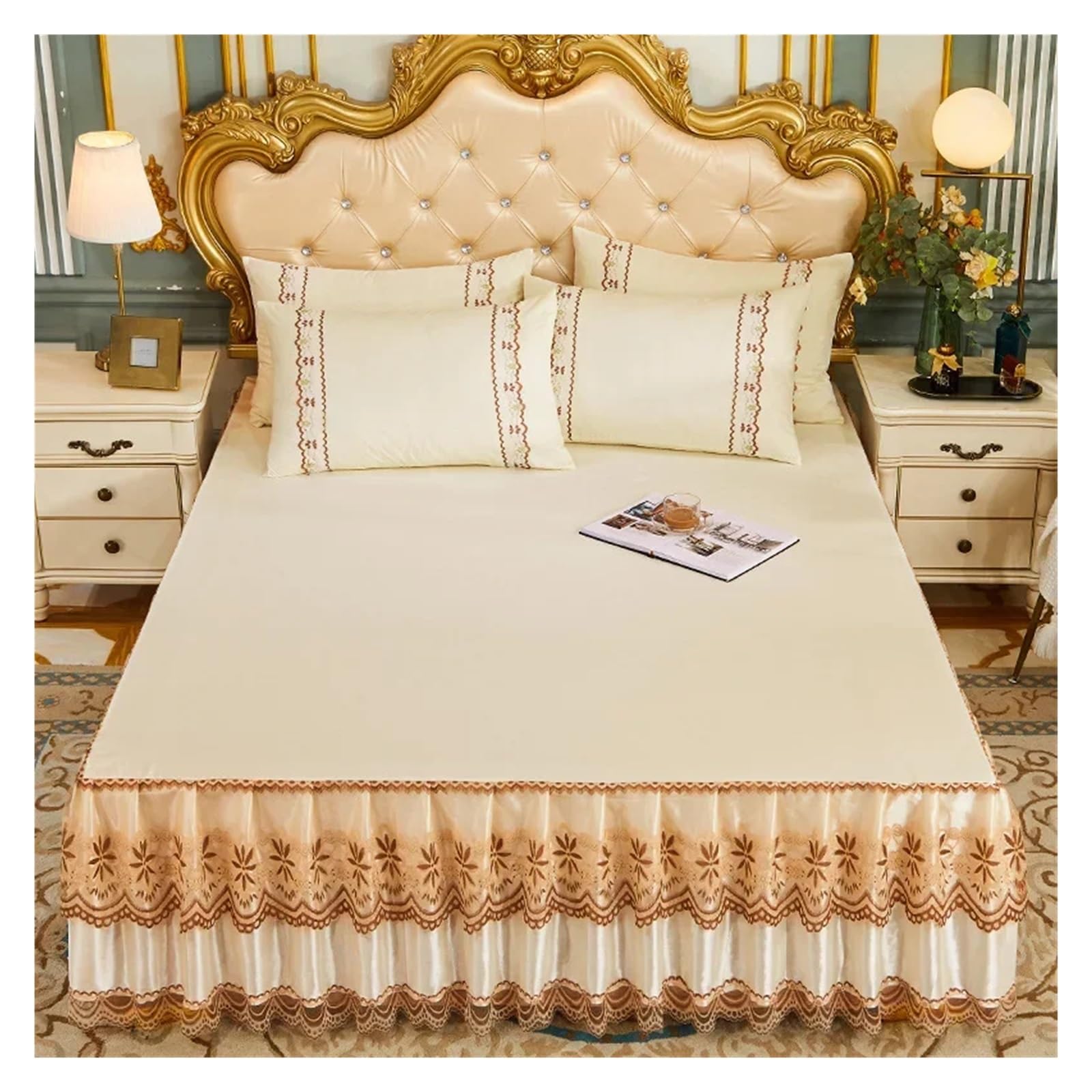 Lace Ruffled Bedroom Bed Skirt Non-slip Mattress Cover Bedspread King Size(Color 15,1PC 150x200cm)