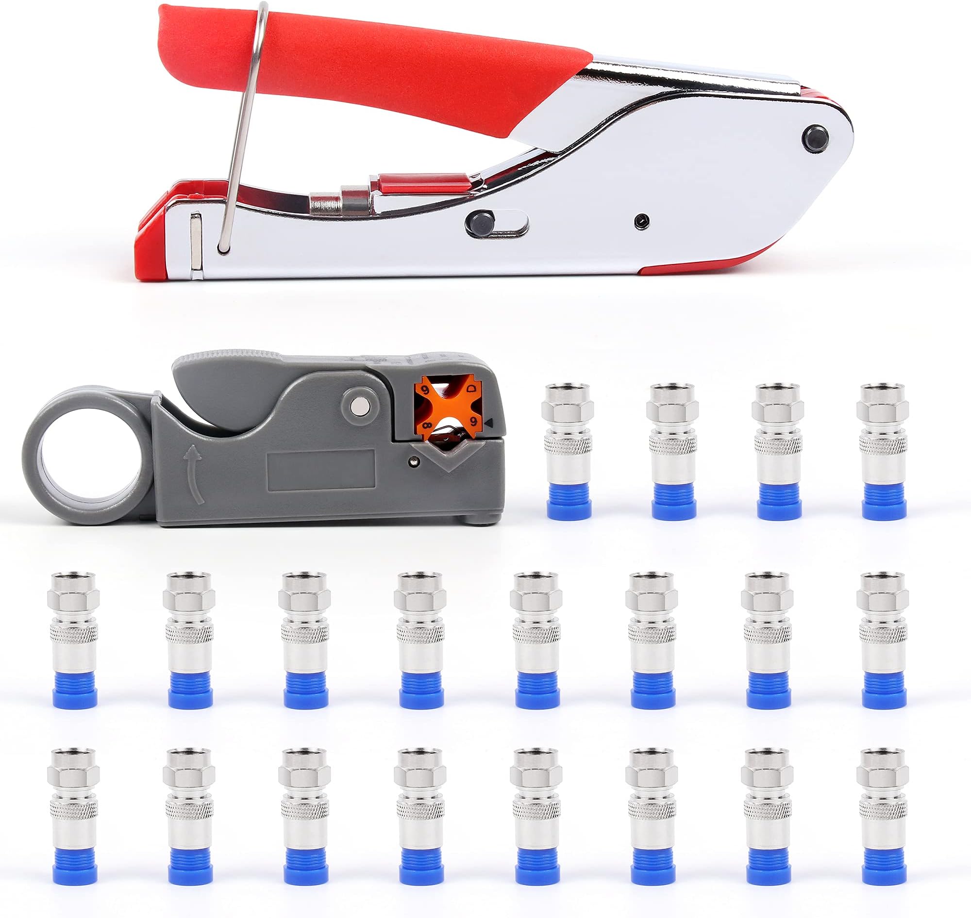Knoweasy Compression Tool Kit - Coaxial Cable Crimper, Cutter with 20pcs Connectors - Professional Coax Tool Set for RG59/RG6 Coaxial Compression Connections