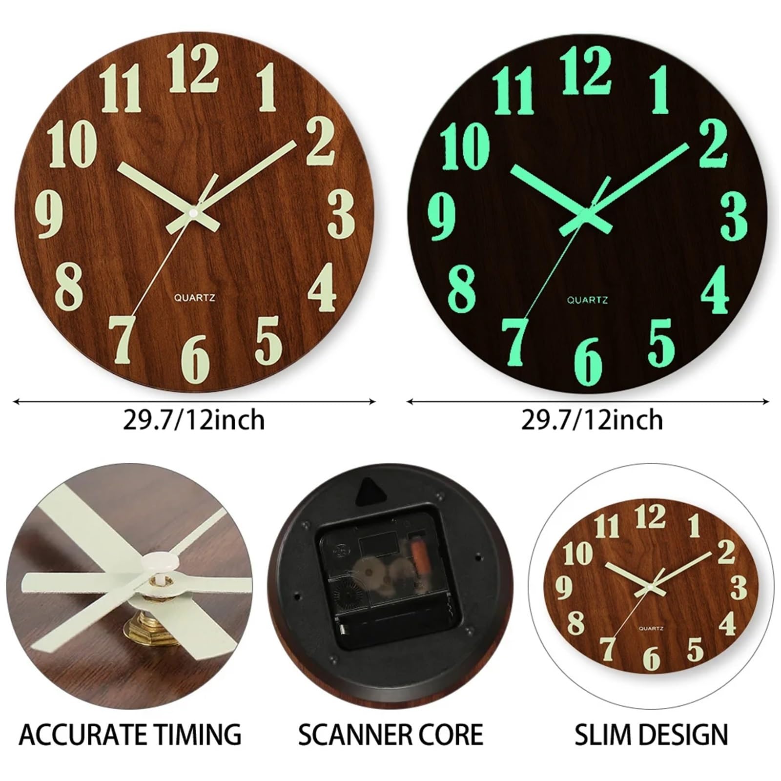 Reloj Mural Luminoso de 12 Pulgadas, luz silenciosa Madera en la Oscuridad, Reloj Pared Nocturno, sin Tic-TAC con Nocturna(Color 1)