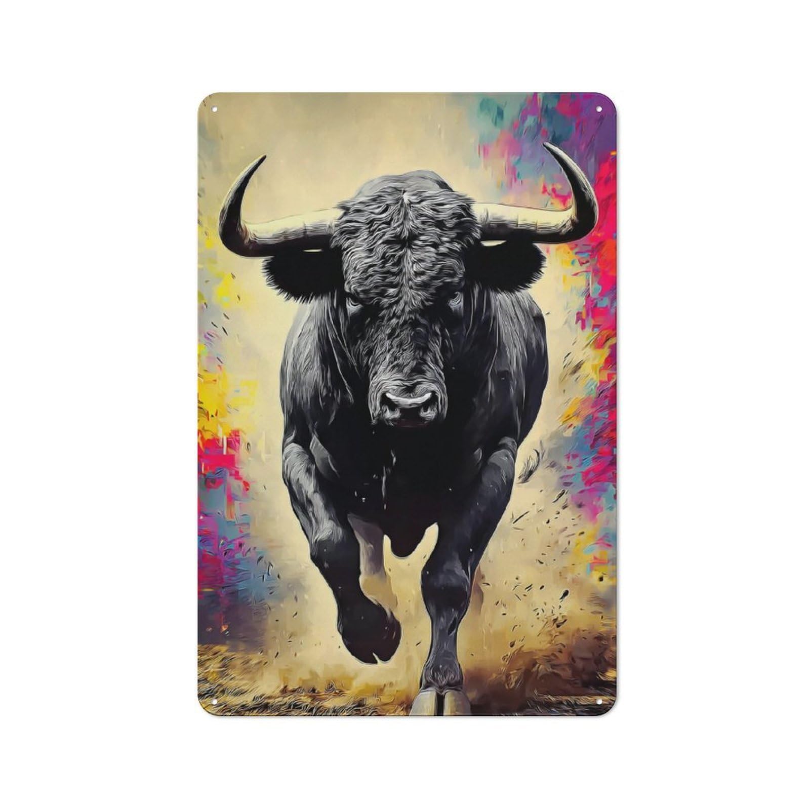 Junmoney Powerful Bull Painting Rustic Metal Wall Sign 30X20cm For Café Or Restaurant, Gift Idea At Christmas For Café Owners And Decorators