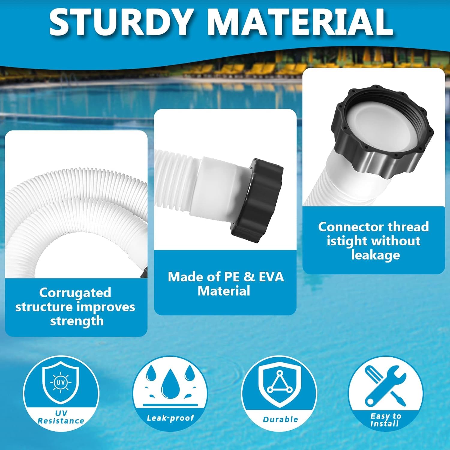 MEISO Tubo per piscina 38 mm, 150 cm, tubo di ricambio per piscina, tubo flessibile per pompa piscina e aspirapolvere, per pompa di filtrazione per Intex